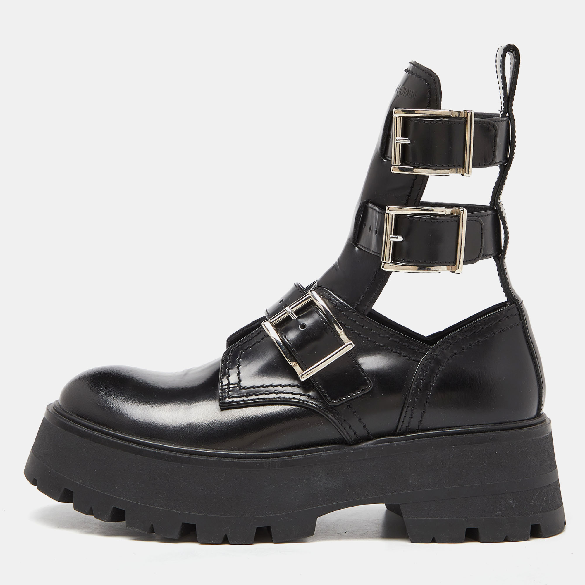 

Alexander McQueen Black Leather Rave Buckle Ankle Boots Size