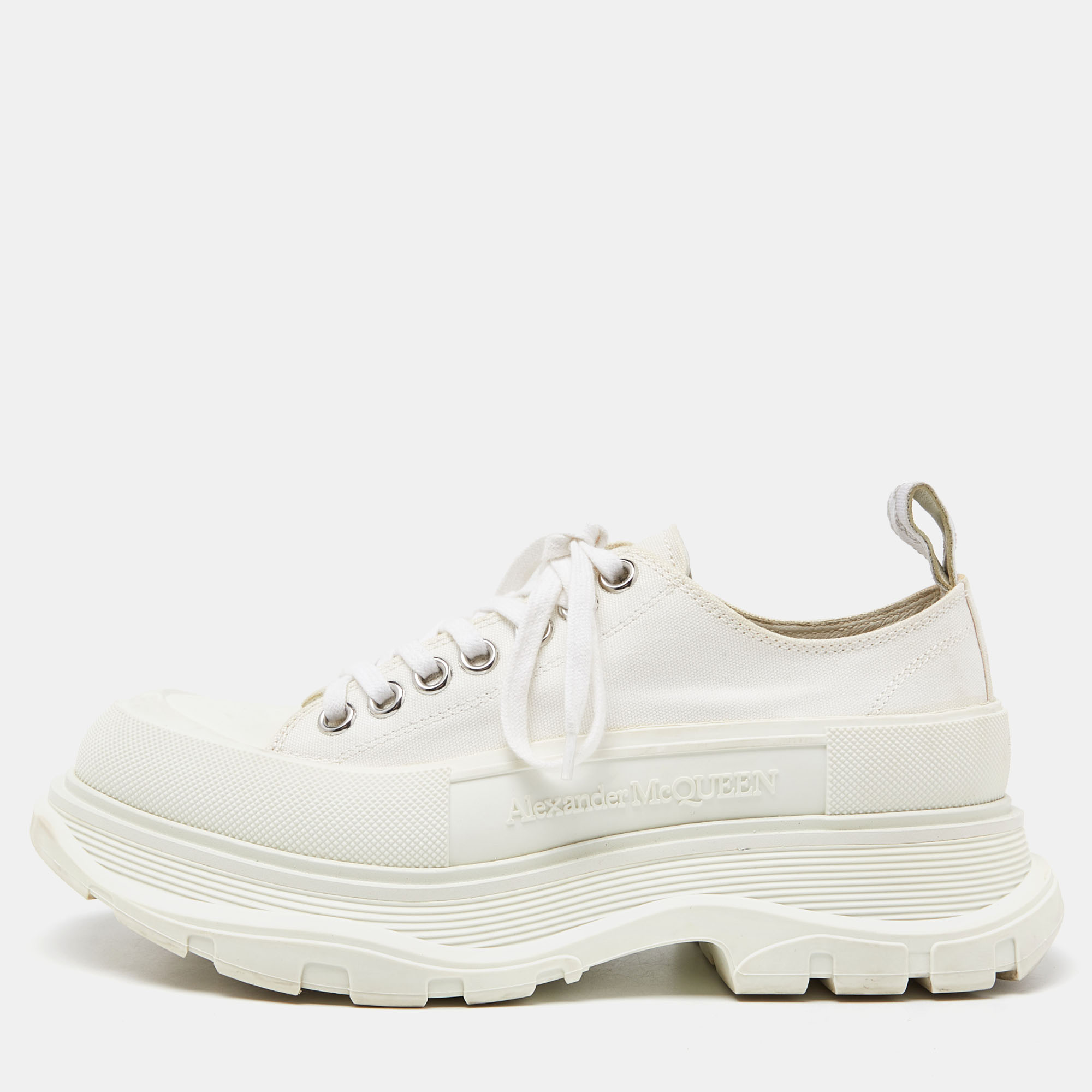 

Alexander McQueen White Canvas and Rubber Tread Slick Lace Up Sneakers