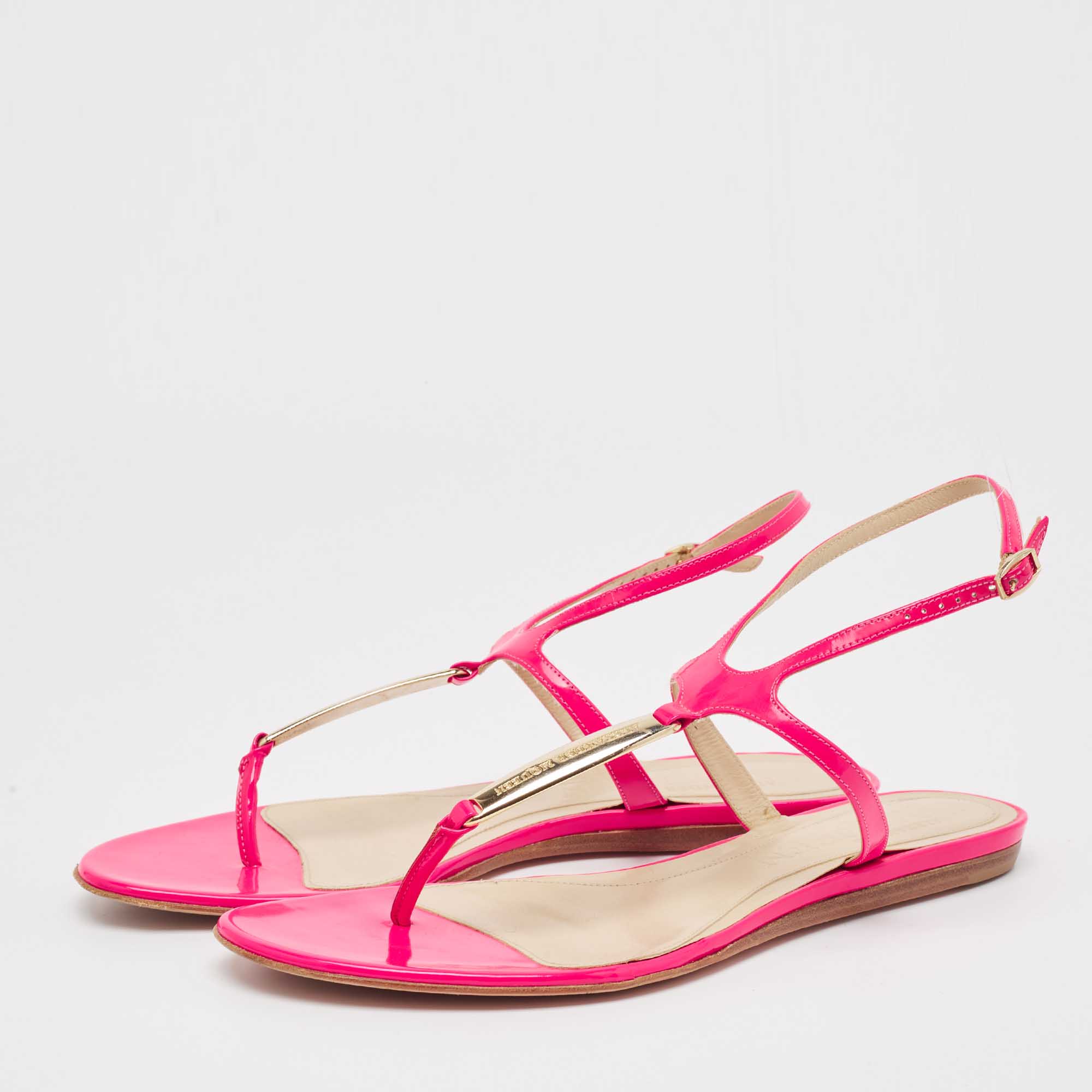 Alexander McQueen Pink Leather Thong Ankle Strap Flat Sandals Size 37.5 
