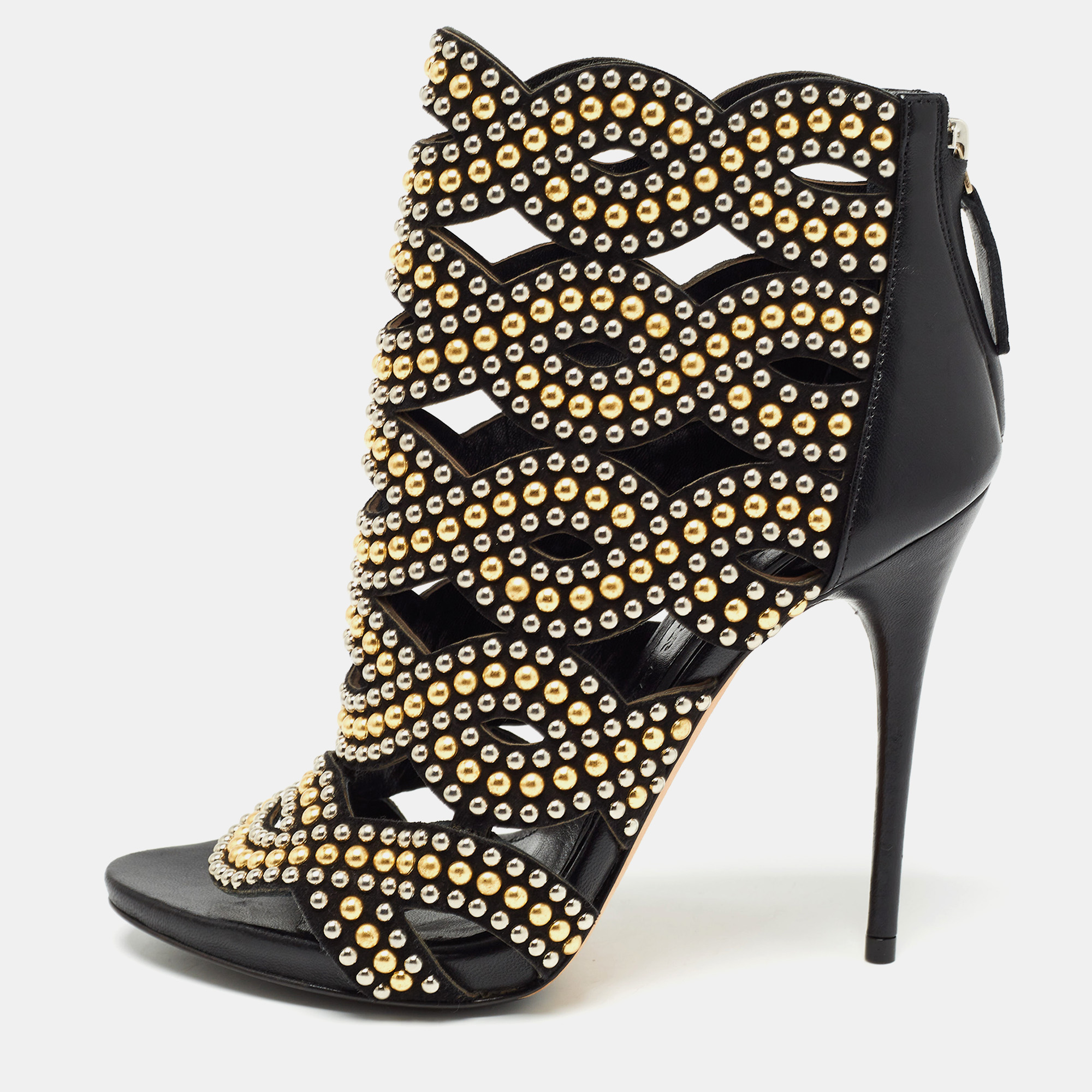 

Alexander McQueen Black Leather Studded Peep Toe Ankle Boots Size