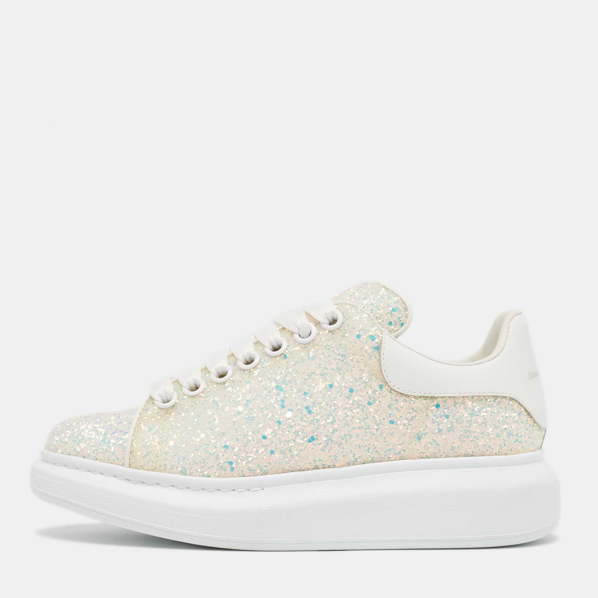 

Alexander McQueen White/Silver Glitter and Leather Oversized Sneakers Size, Metallic