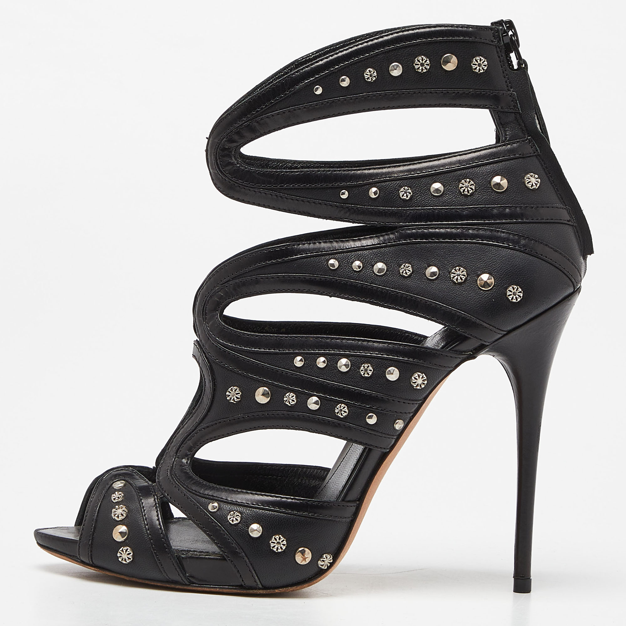 

Alexander McQueen Black Leather Studded Strappy Sandals Size