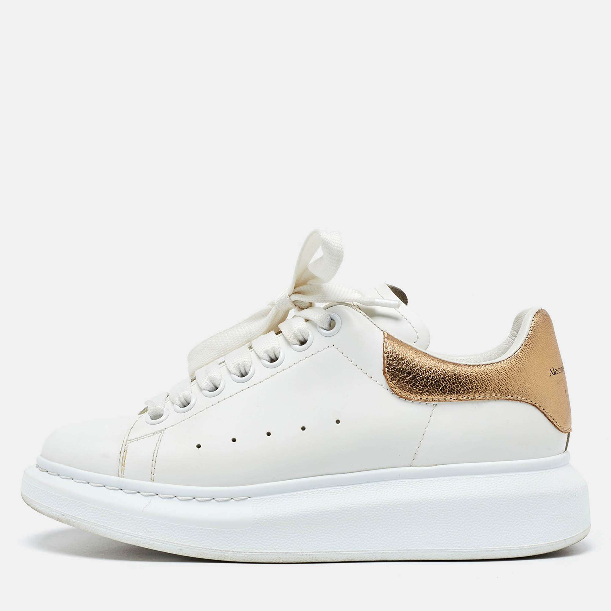

Alexander McQueen White/Gold Leather Oversized Sneakers Size