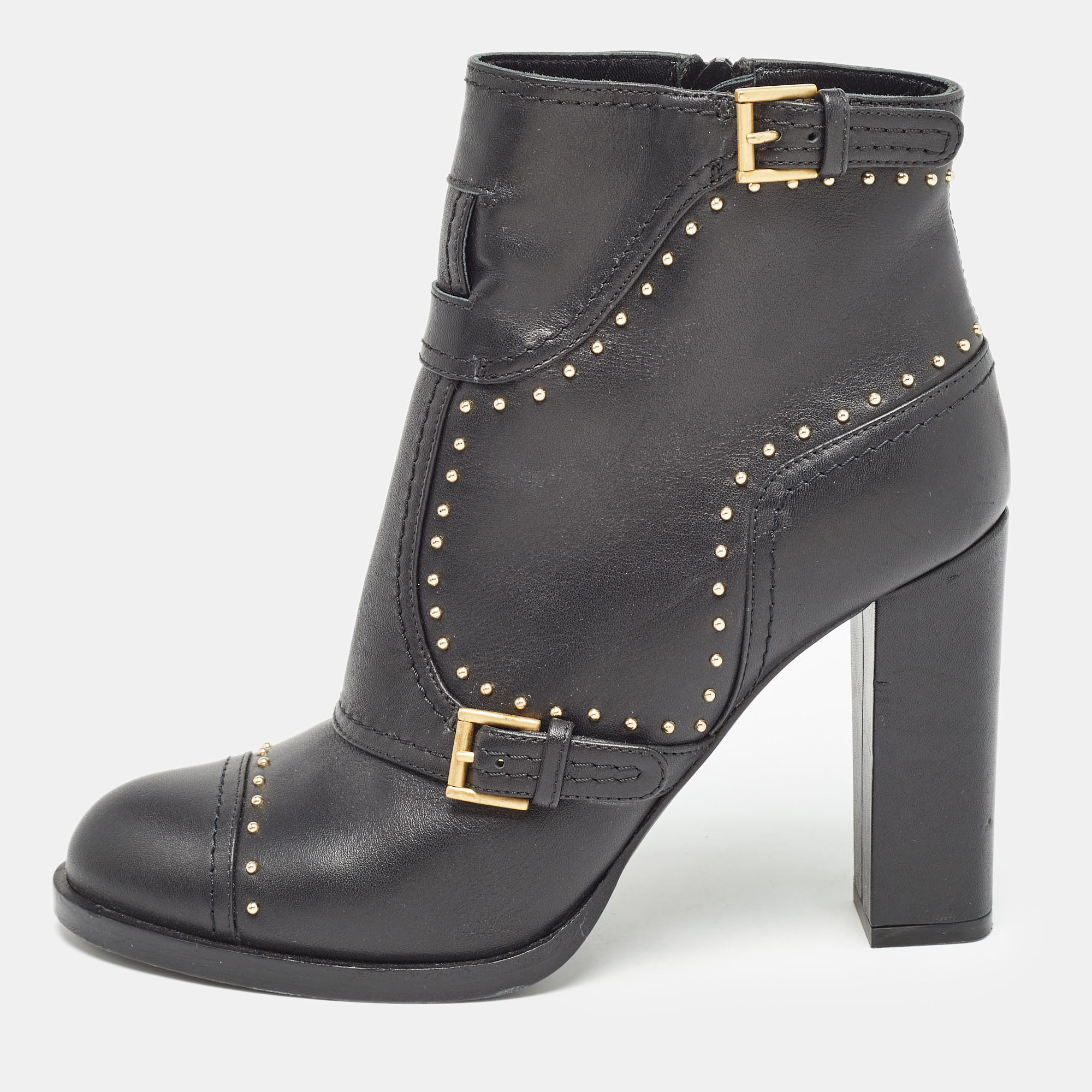 

Alexander McQueen Black Leather Studded Buckle Ankle Boots Size
