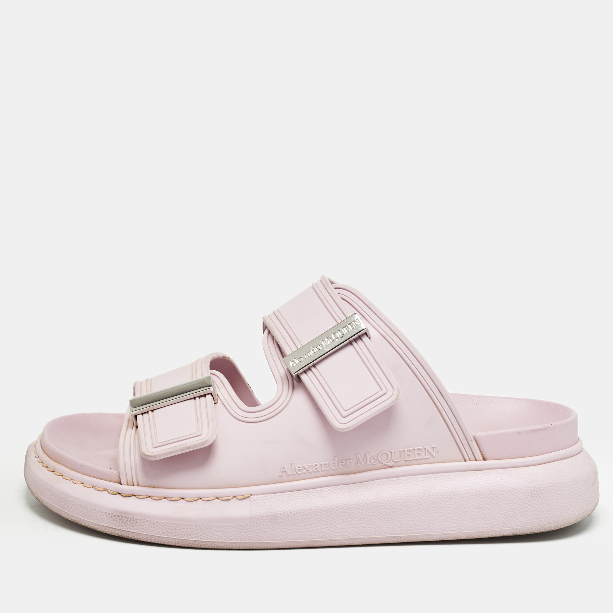 Pre-owned Alexander Mcqueen Pink Rubber Buckle Details Flat Slides Size 37
