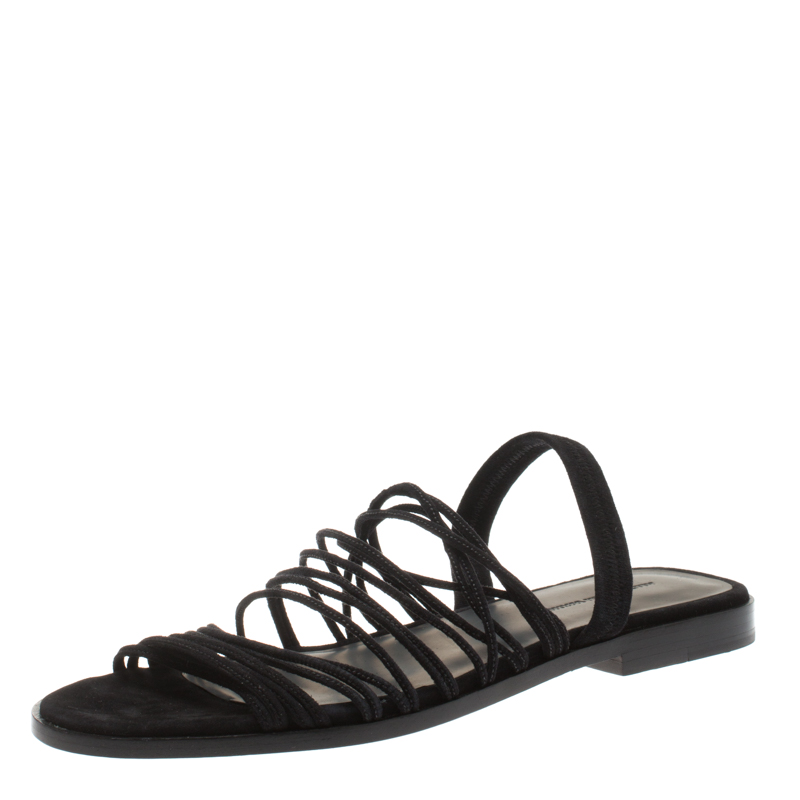 Alexander Wang Black Strappy Suede Tessa Flat Sandals Size 38.5