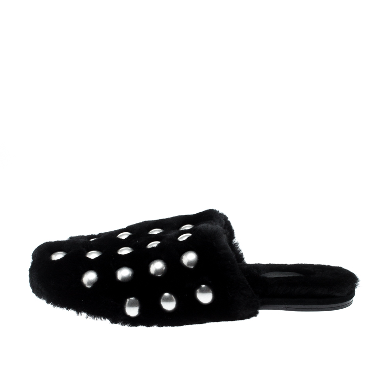 

Alexander Wang Black Studded Fur Amelia Shearling Lined Flat Slides Size