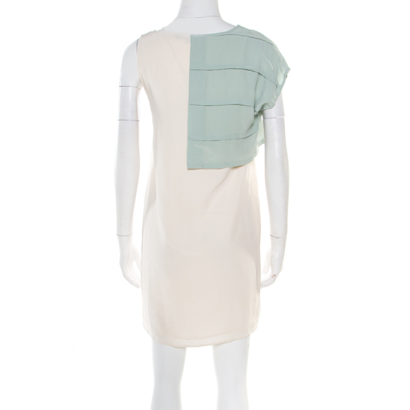 Pre-owned Alexander Wang Cream Silk Pleated Overlay Detail Asymmetric Sleeveless Shift Dress S