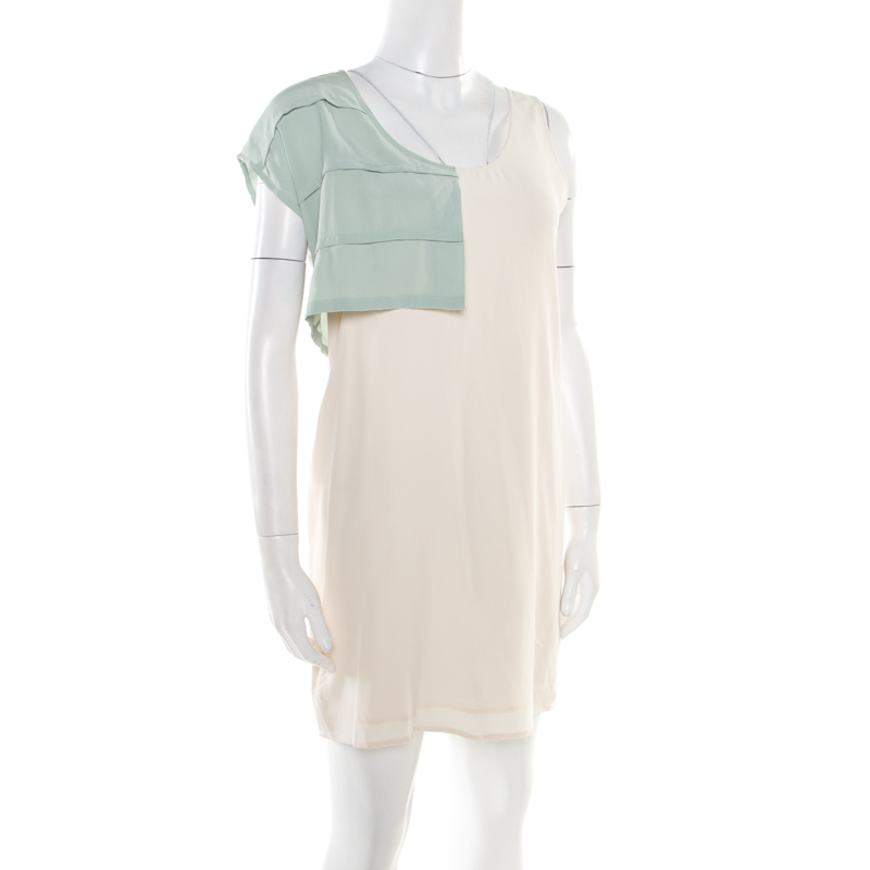 Pre-owned Alexander Wang Cream Silk Pleated Overlay Detail Asymmetric Sleeveless Shift Dress S