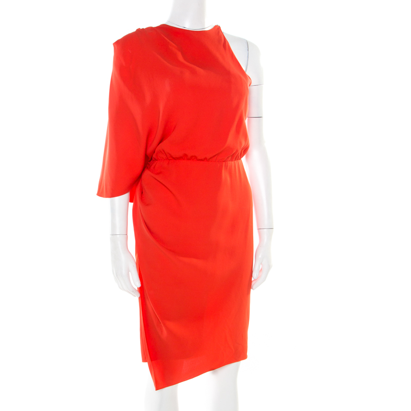 Pre-owned Alexander Wang Orange Silk Asymmetric Sleeve Sheath Dress S