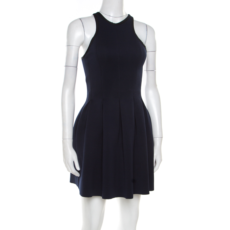 

T by Alexander Wang Navy Blue Box Pleated Neoprene Flared Dress