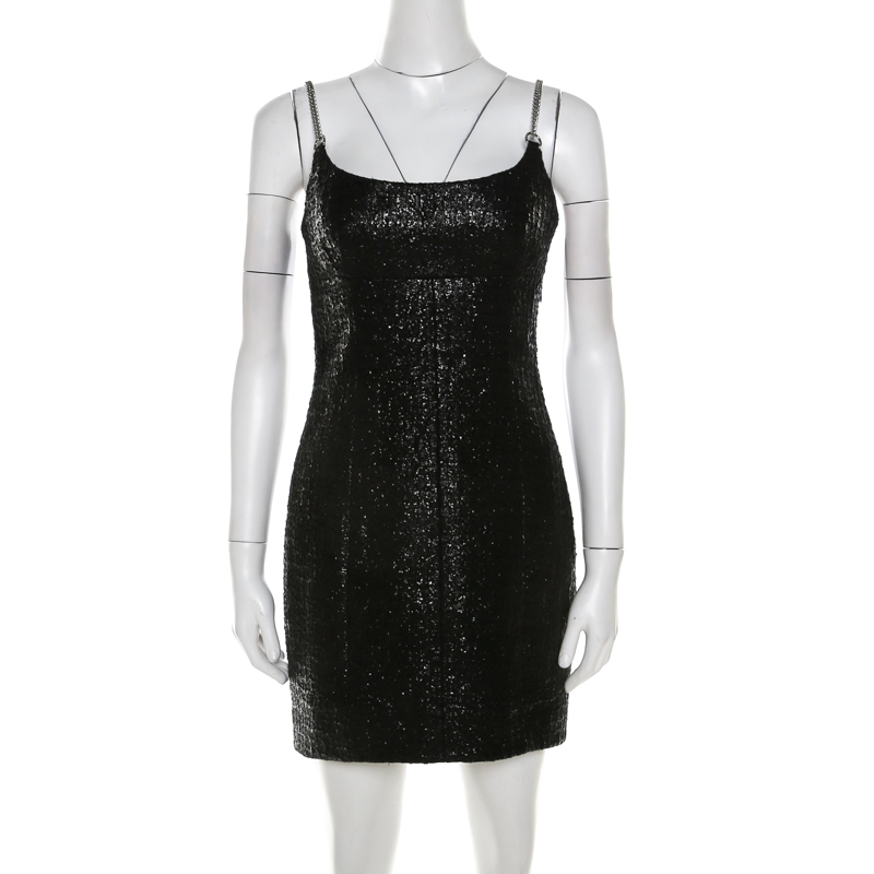 Alexander Wang Metallic Black Cotton Blend Tweed Chain Strap Detail Mini Dress S