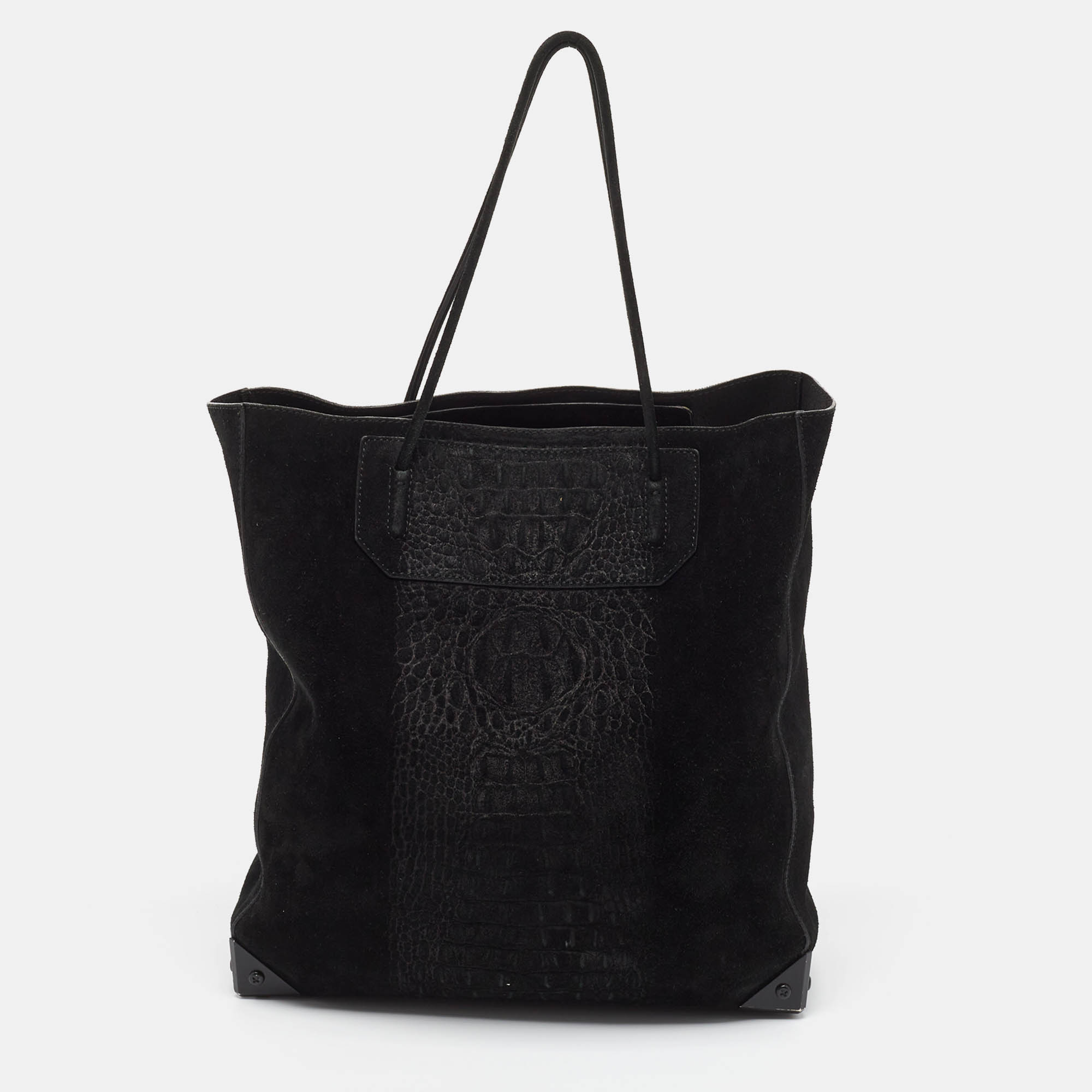 Pre-owned Alexander Wang Black Croc Embossed Suede Prisma Tote