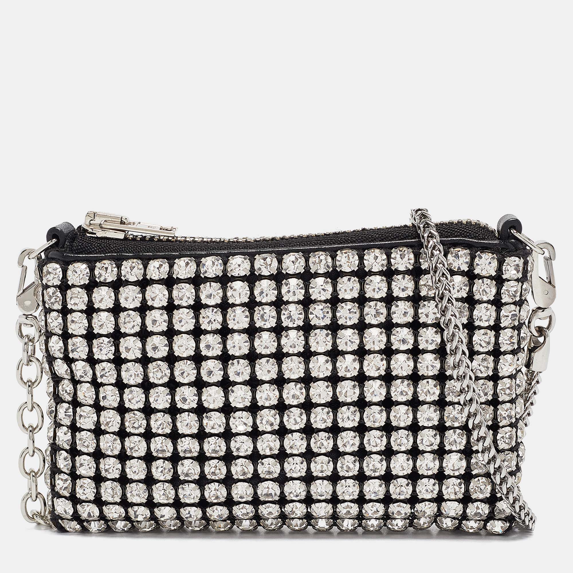 

Alexander Wang Black/Silver Leather Nano Crystals Heiress Chain Clutch