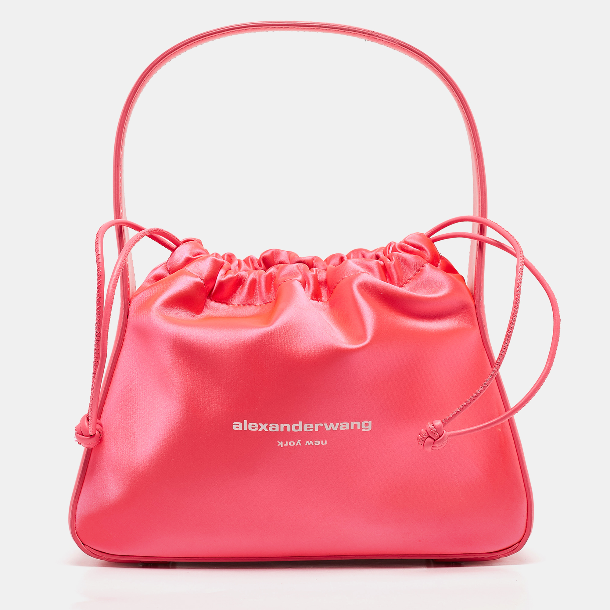 

Alexander Wang Neon Pink Satin and Leather Ryan Drawstring Bag