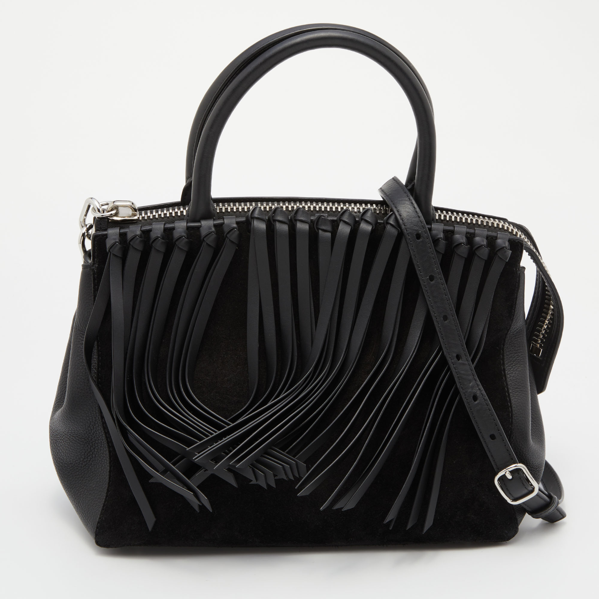 Pre-owned Alexander Wang Black Leather And Suede Attica Fringe Satchel