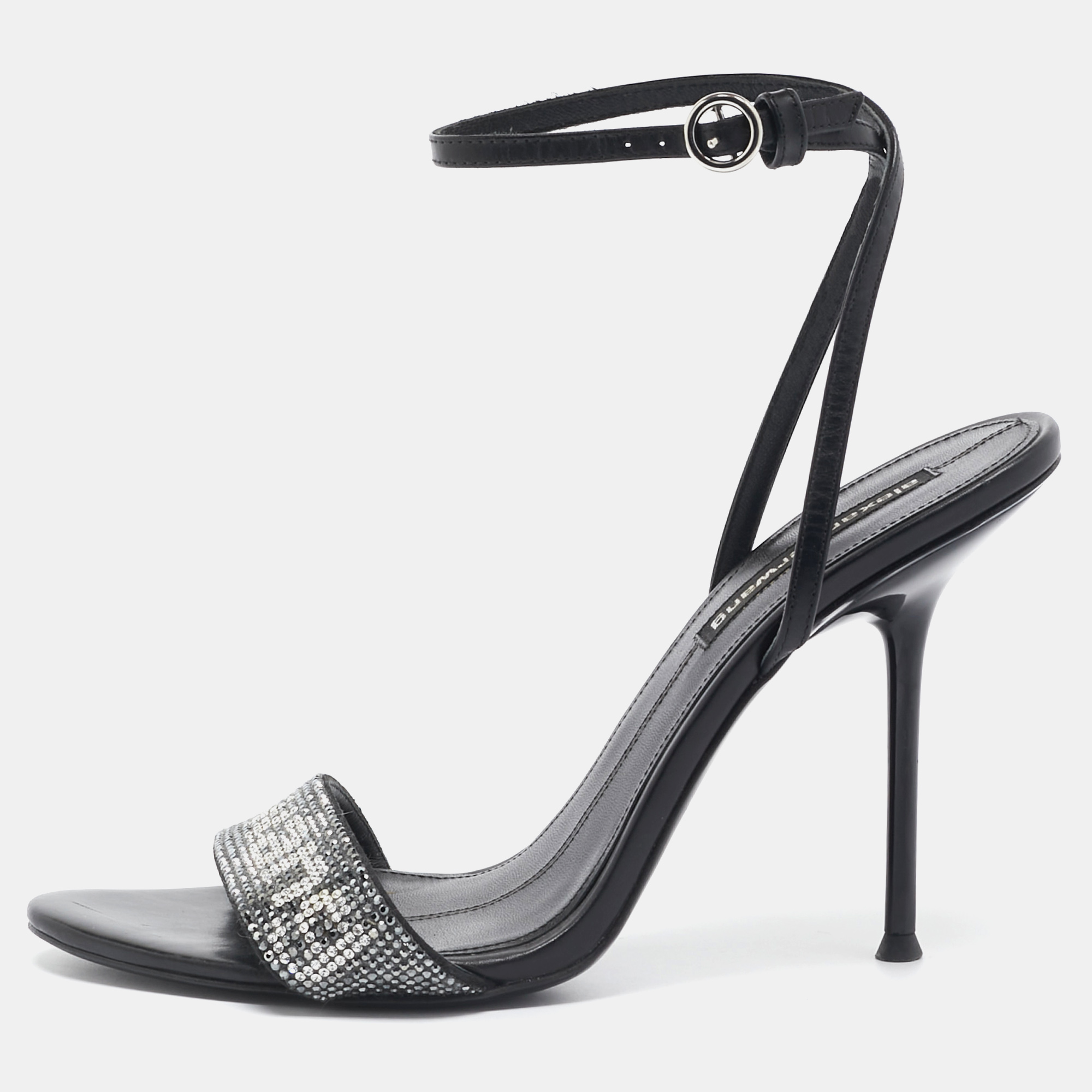 

Alexander Wang Black Leather Jo Crystal Logo Slide Sandals Size