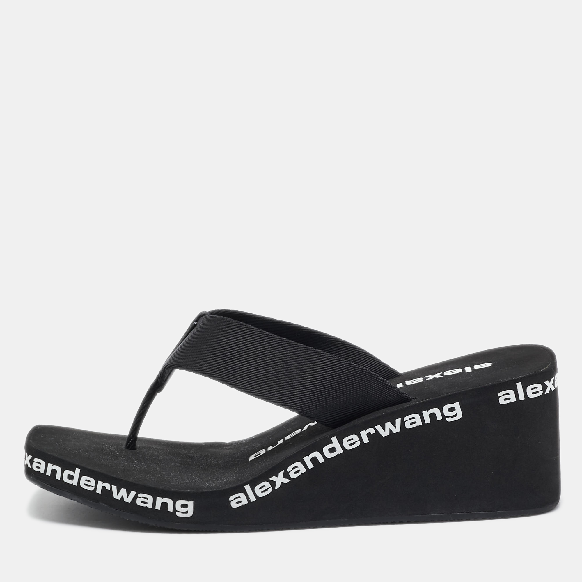 Pre-owned Alexander Wang Black Fabric Thong Wedge Sandals Size 36