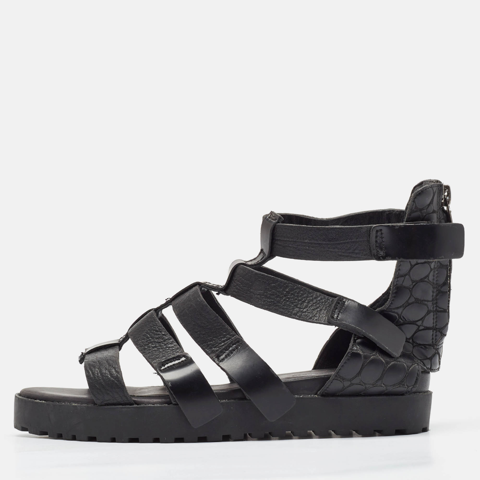 

Alexander Wang Black Croc Embossed Leather and Faux Lizard Leather Flat Sandals Size