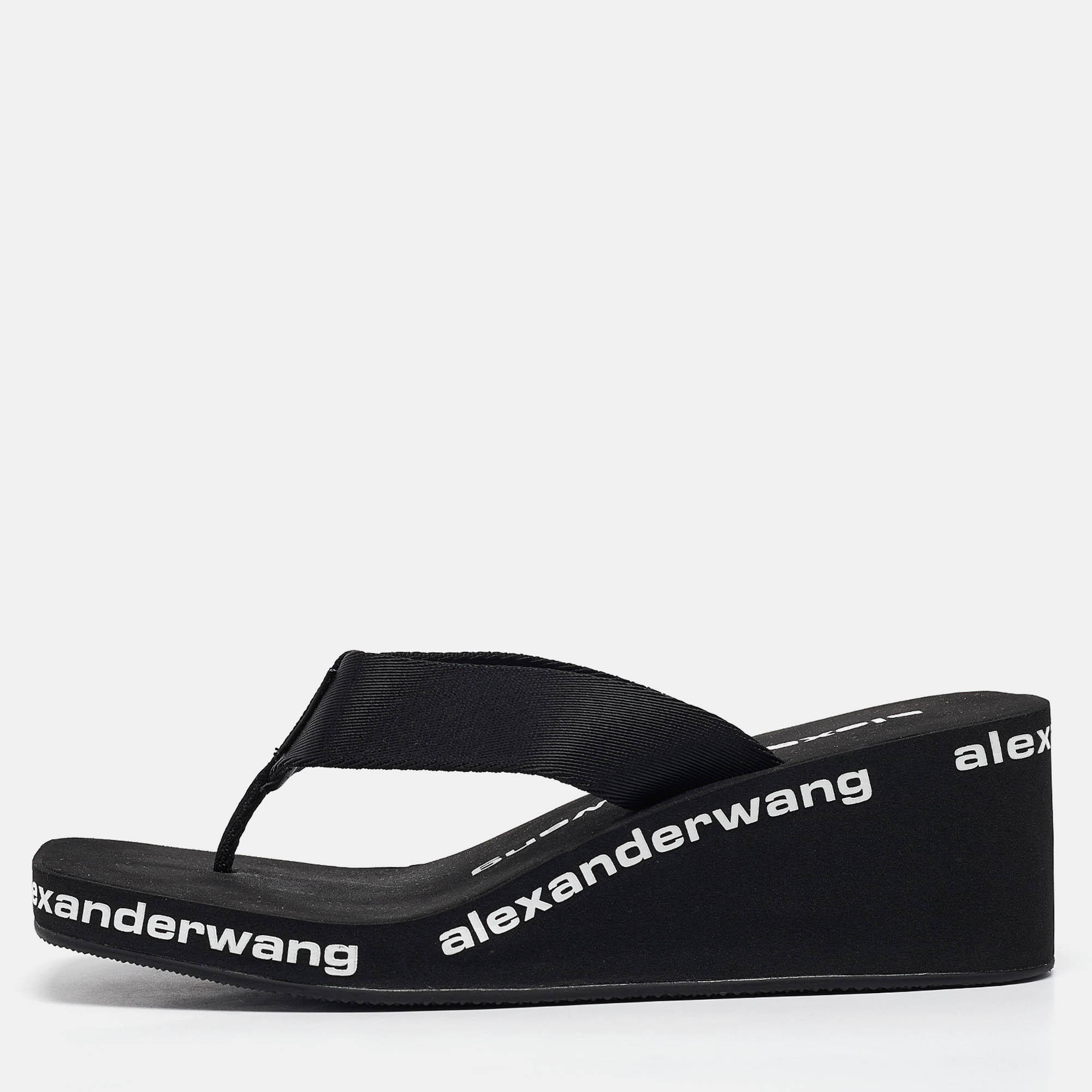 

Alexander Wang Black Canvas Thong Wedge Sandals Size