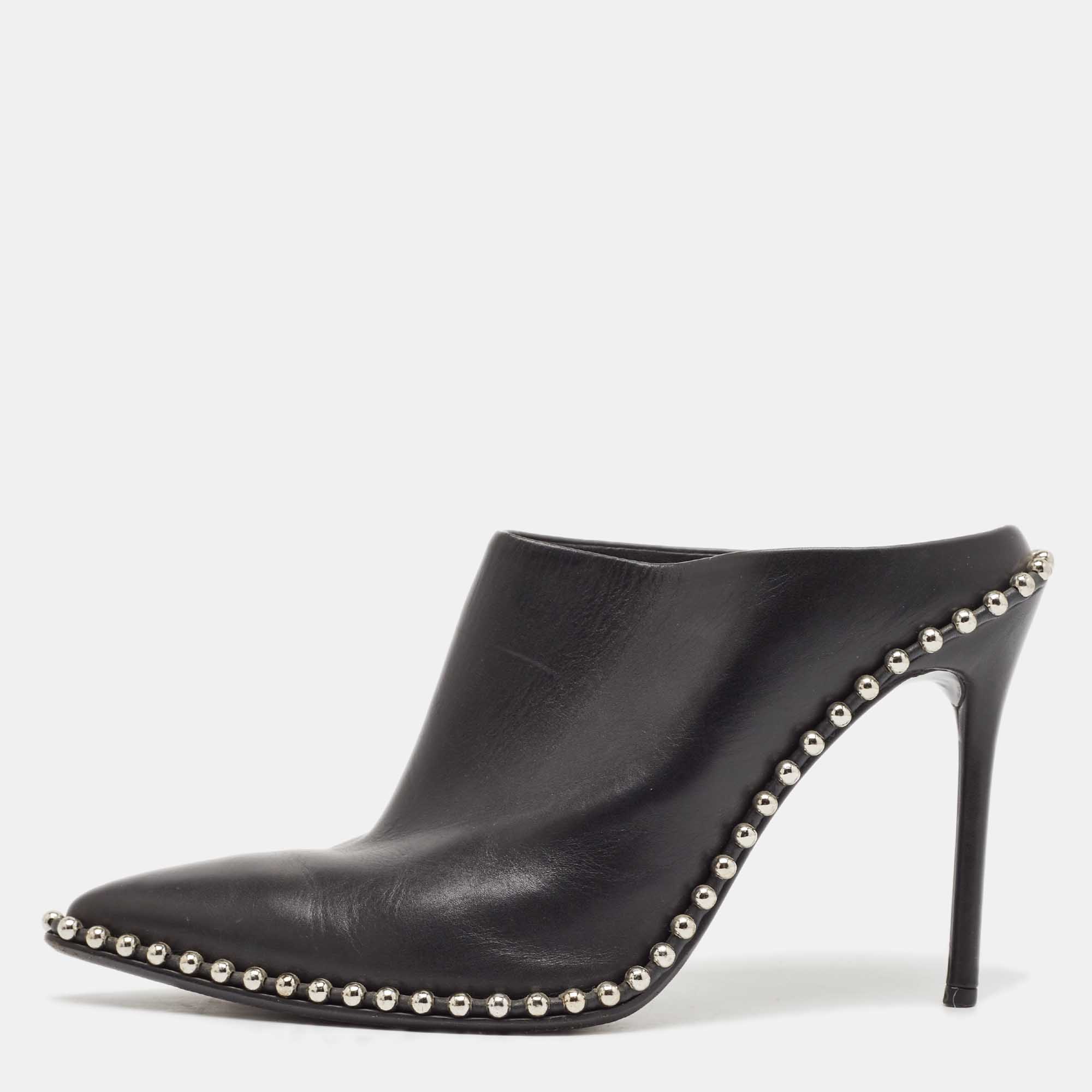 

Alexander Wang Black Leather Eri Studded Pointed Toe Mules Size