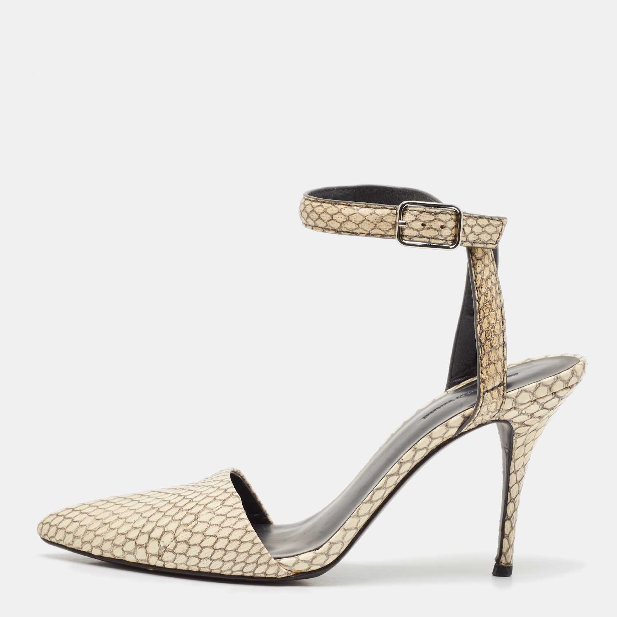 

Alexander Wang Beige/Black Snakeskin Leather Ankle Strap Pumps Size