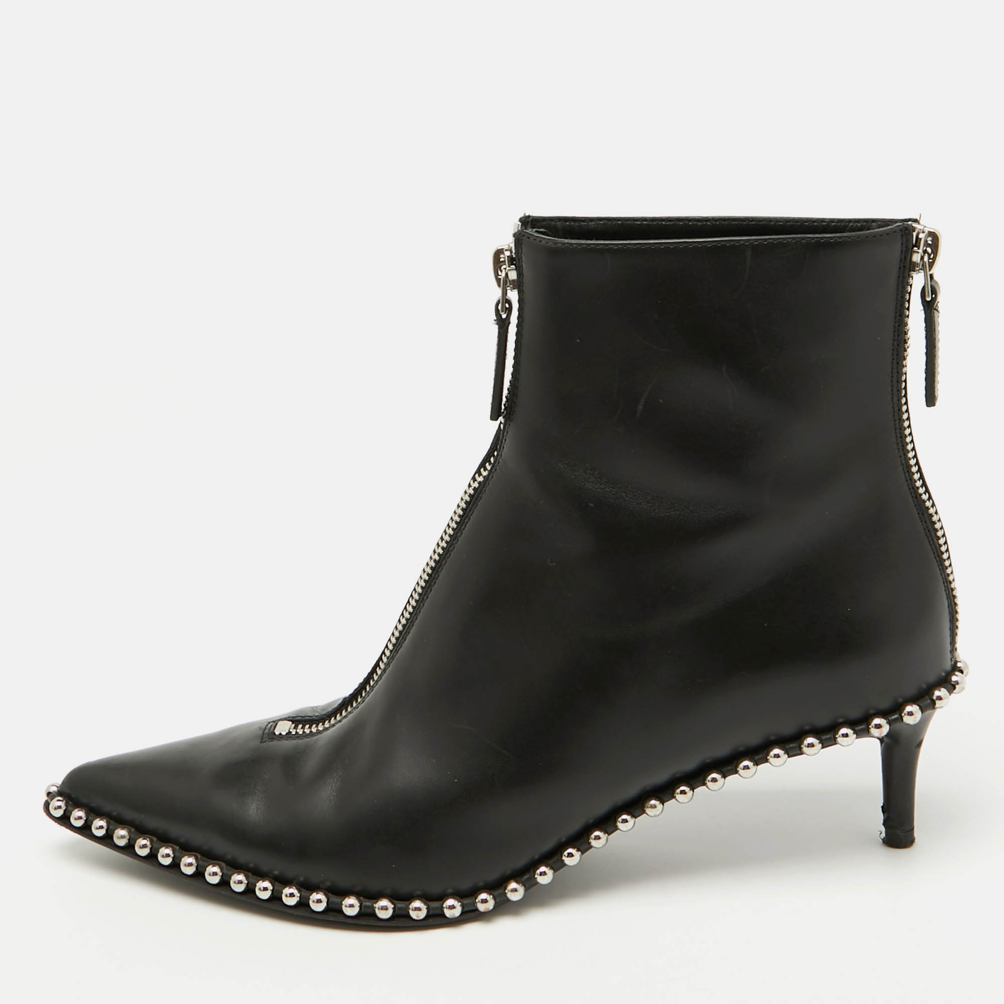 

Alexander Wang Black Leather Eri Studded Pointed Toe Ankle Length Boots Size