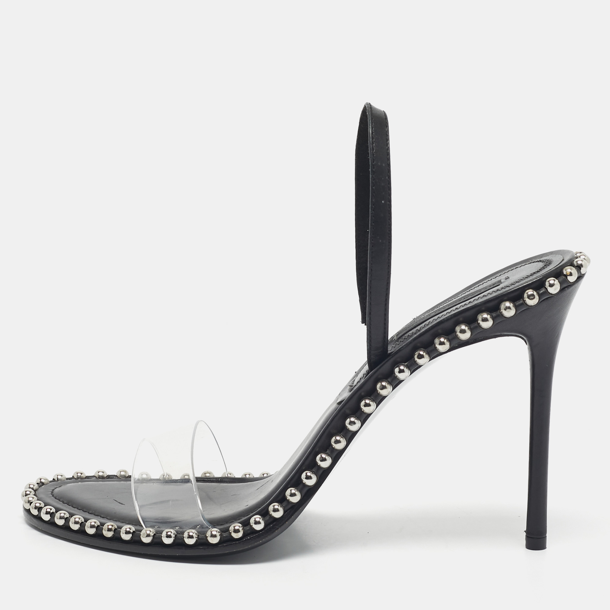 Pre-owned Alexander Wang Black Leather And Pvc Studded Nova Slingback Sandals Size 39
