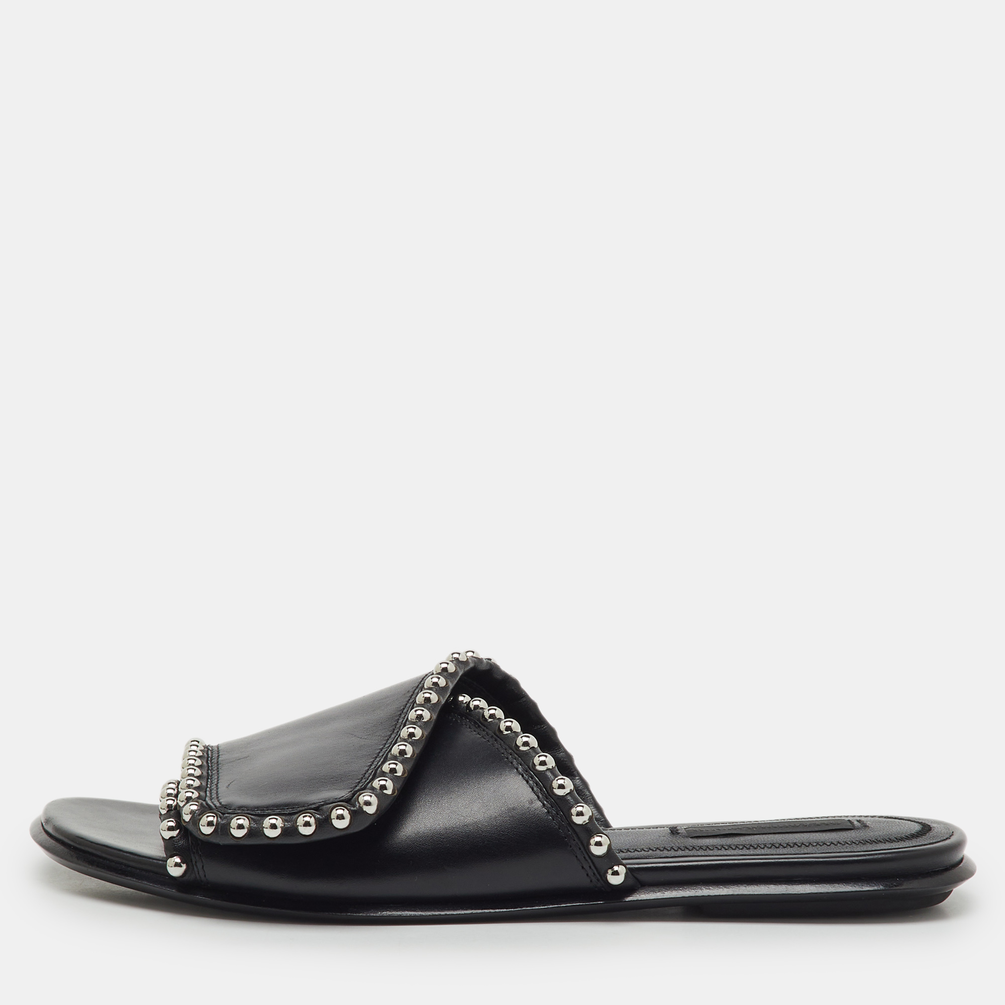Pre-owned Alexander Wang Black Leather Leidy Studded Flat Slide Sandals Size 38