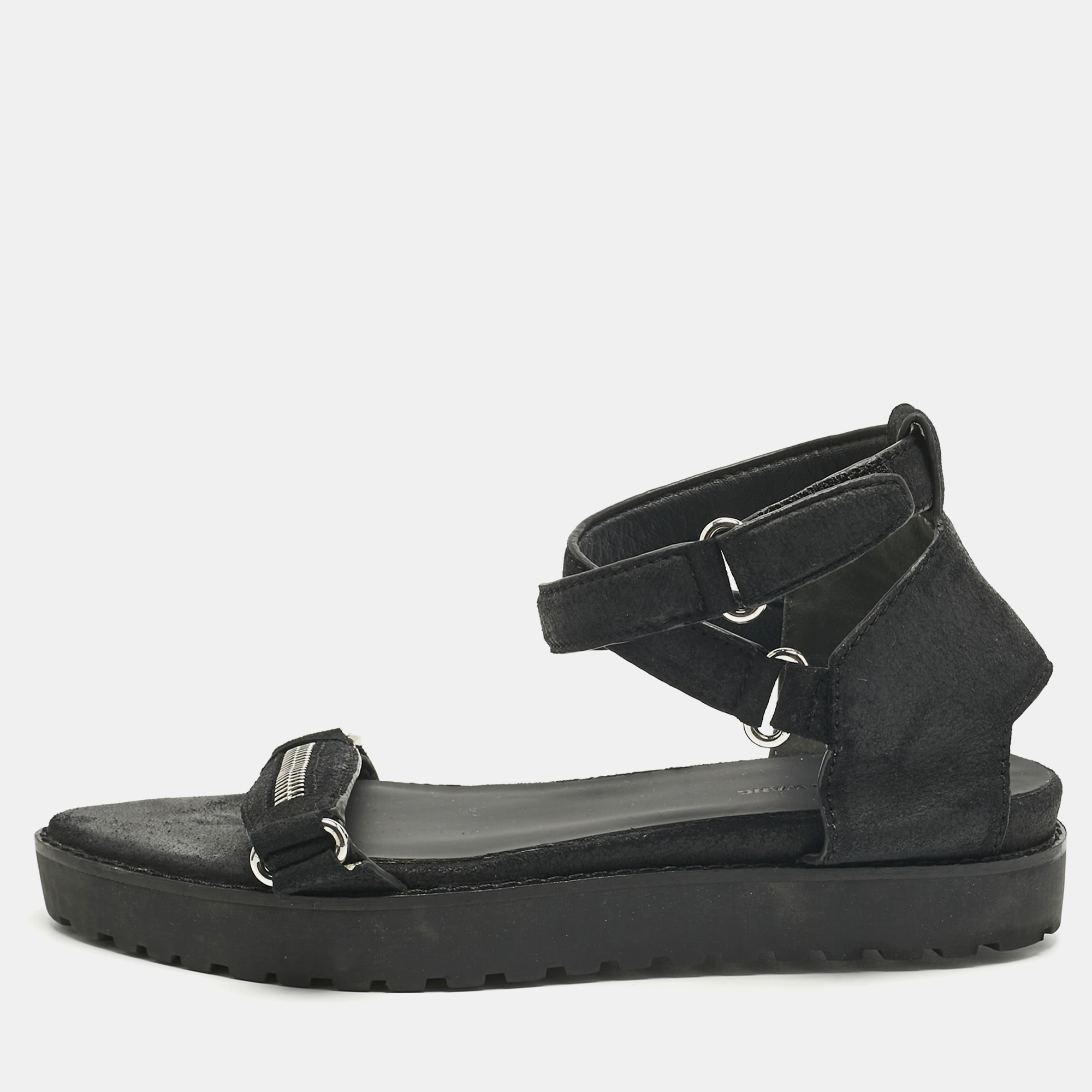 

Alexander Wang Black Nubuck Leather Ankle Flat Sandals Size