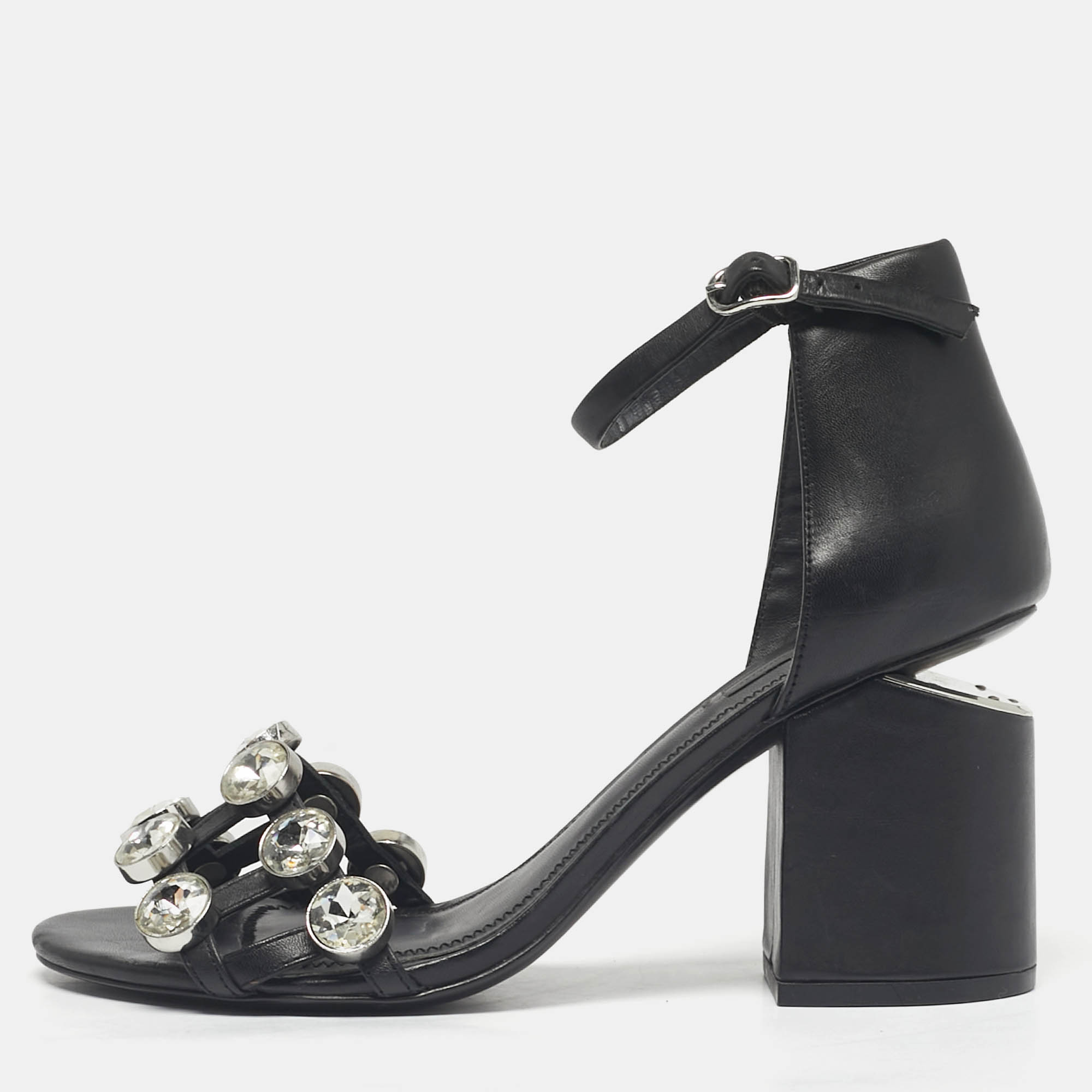Pre-owned Alexander Wang Black Leather Crystal Embellished Abby Ankle Strap Sandals Size 37