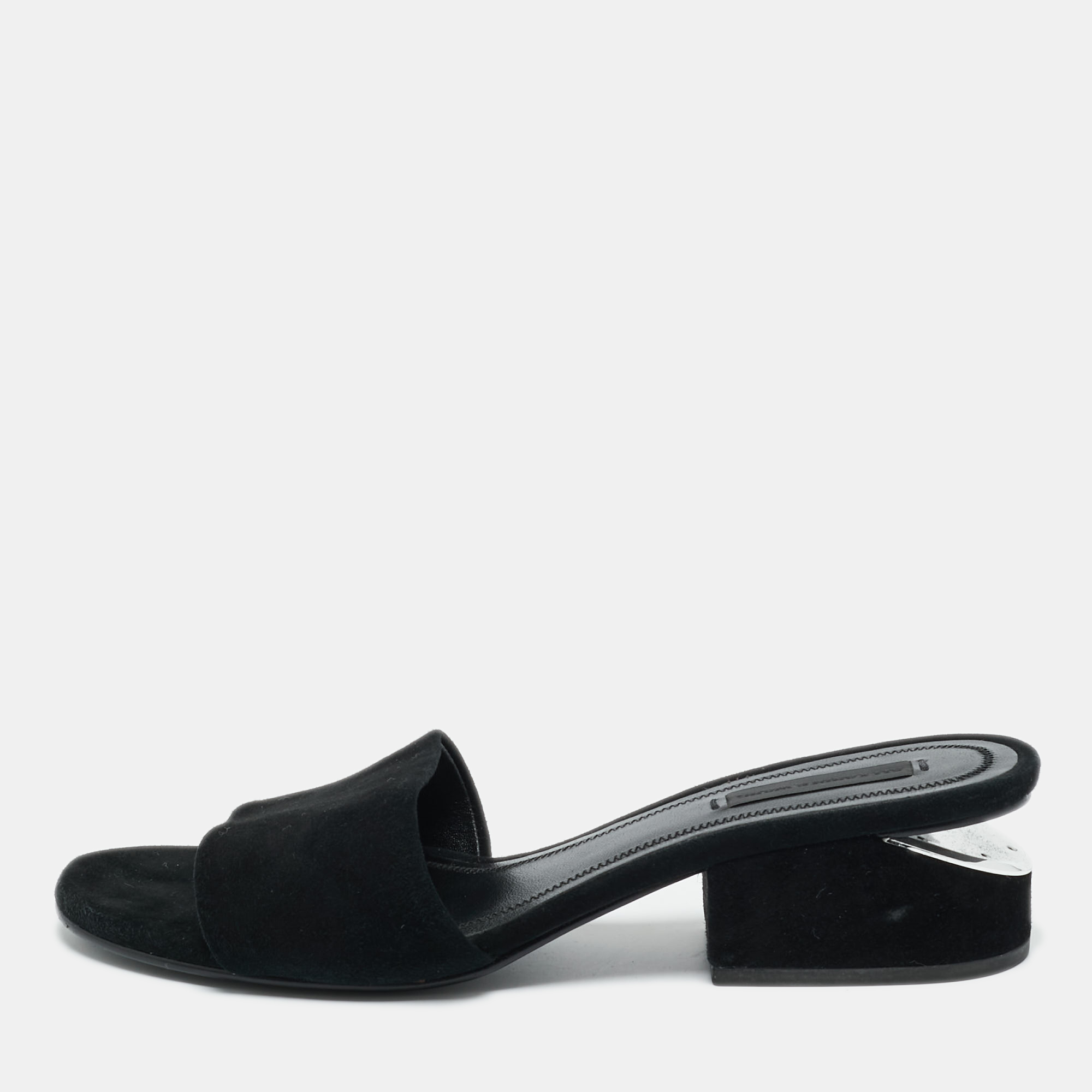 Pre-owned Alexander Wang Black Suede Cut-out Block Heel Slide Sandals Size 36.5