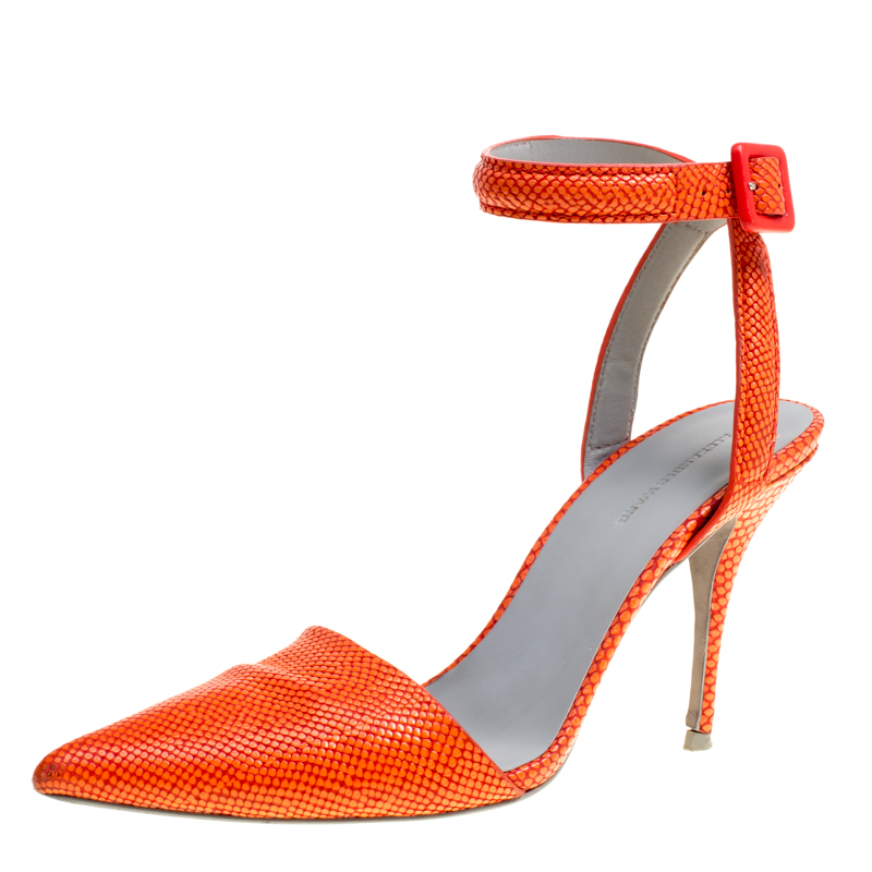 Alexander Wang Orange Snake Embossed Leather Lovisa Pointed Toe Ankle Strap Sandals Size 37