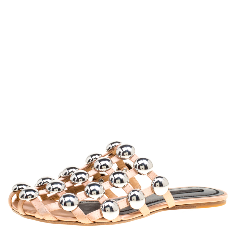 Alexander Wang Beige Satin Amelia Studded Flat Slides Size 35.5