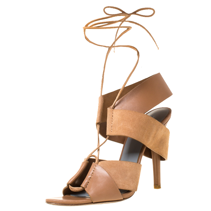 Pre Owned Alexander Wang Dark Beige Cut Out Leather and Suede Peep Toe Ankle Wrap Sandals Size 37.5