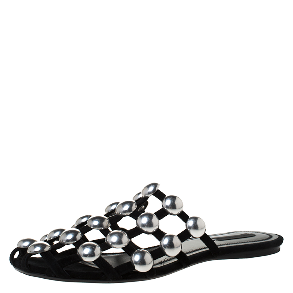 Alexander Wang Black Suede Amelia Studded Flat Slides Size 39
