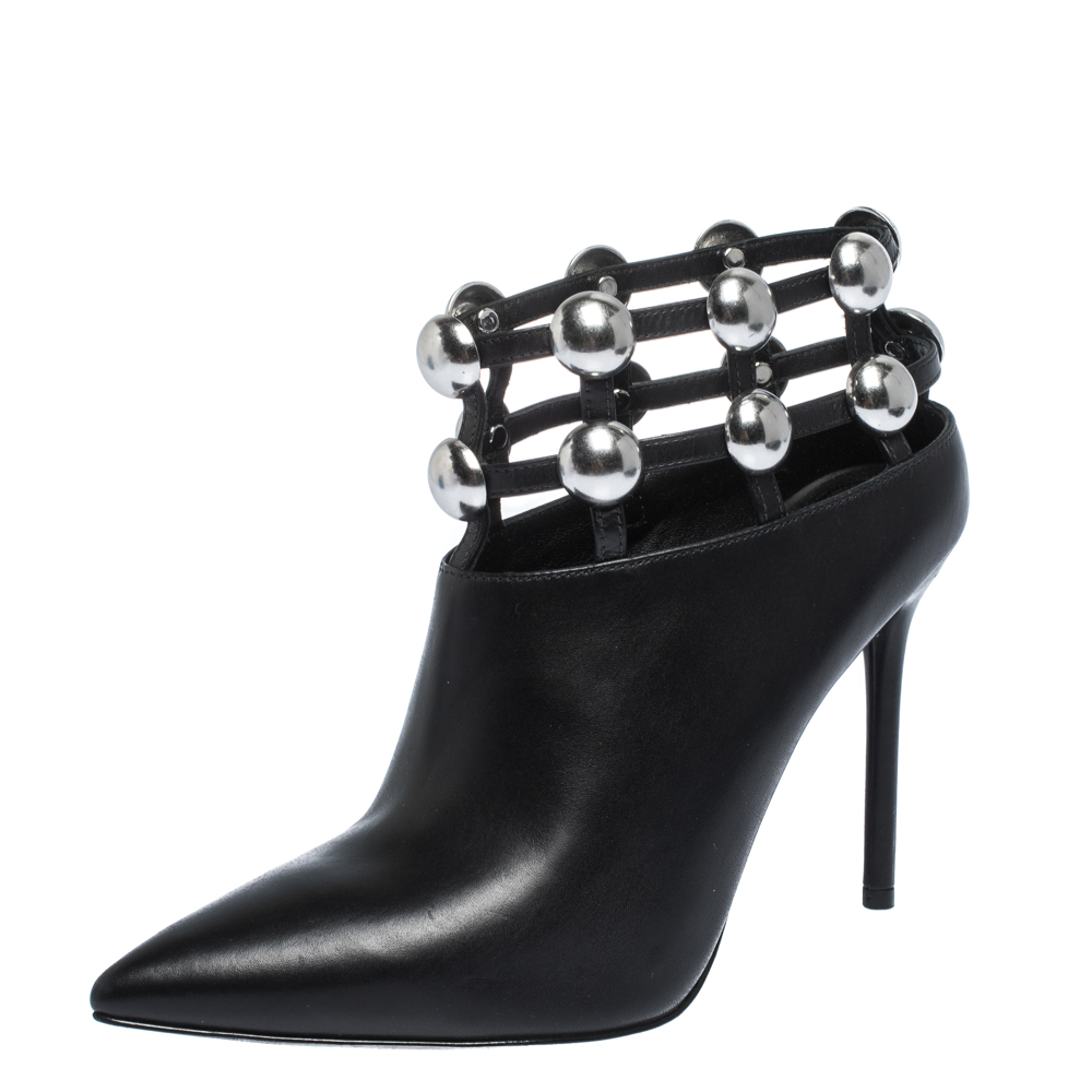 Pre Owned Alexander Wang Black Leather Cutout Studded Ankle Boots Size 37