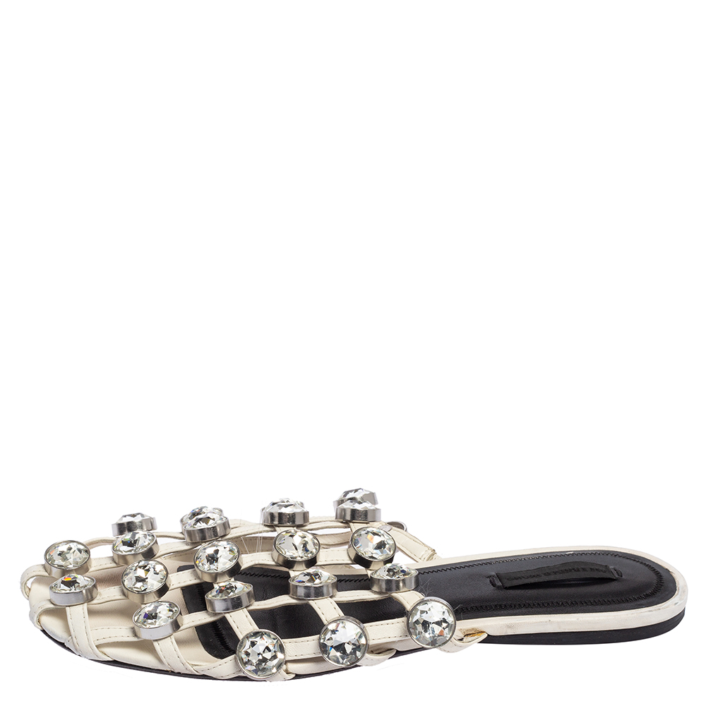 

Alexander Wang White Leather Crystal Cage Amelia Flats Size