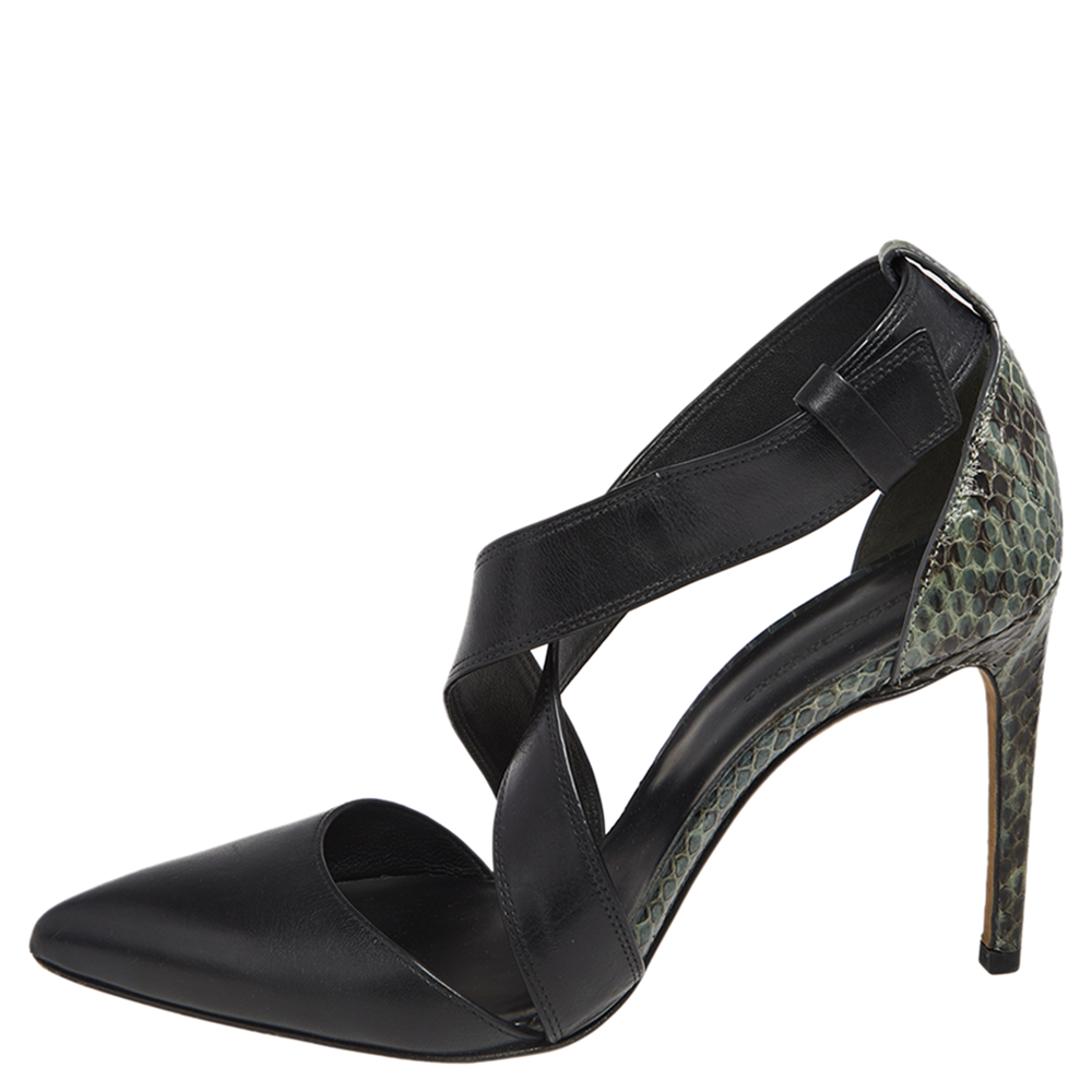 

Alexander Wang Black /Green Python Embossed And Leather Lovisa Pointed Toe Ankle Sandals Size