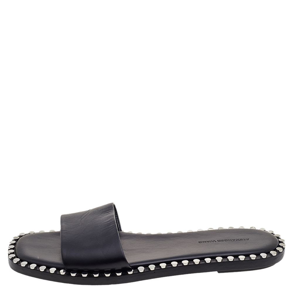 

Alexander Wang Black Leather Studded Flat Slides Size