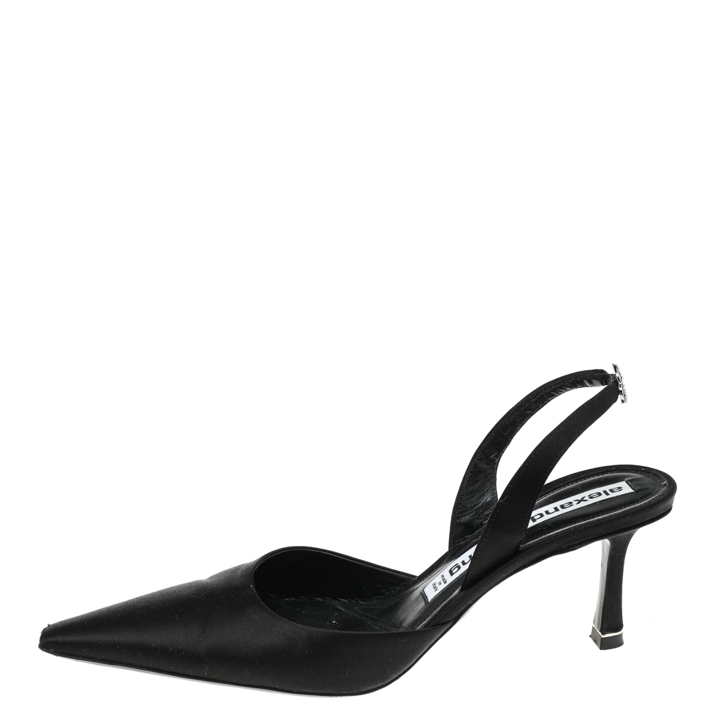 

Alexander Wang Black Satin Crystal Embellished Logo Slingback Pointed Toe Sandals Size