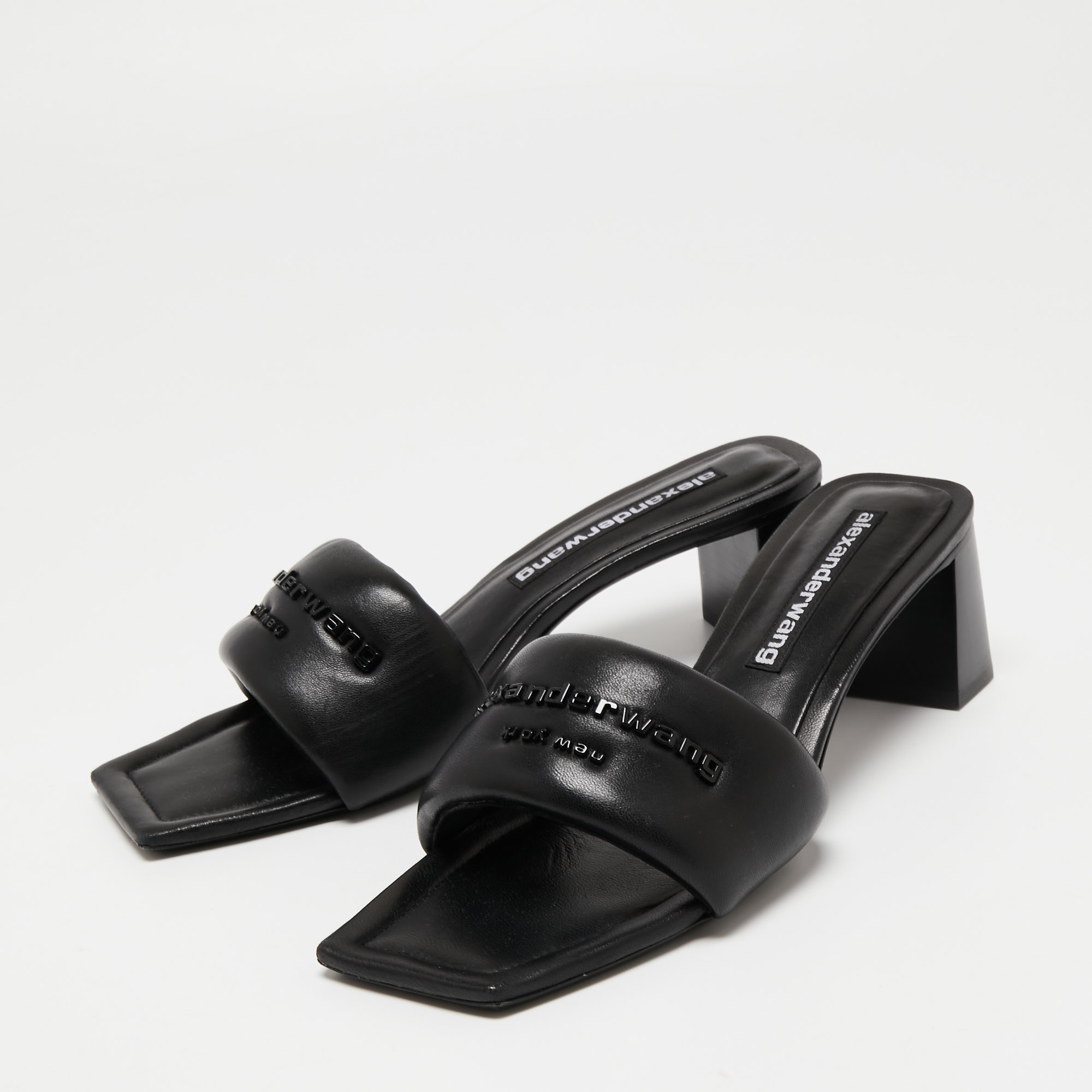 

Alexander Wang Black Leather Anya Logo Slide Sandals Size