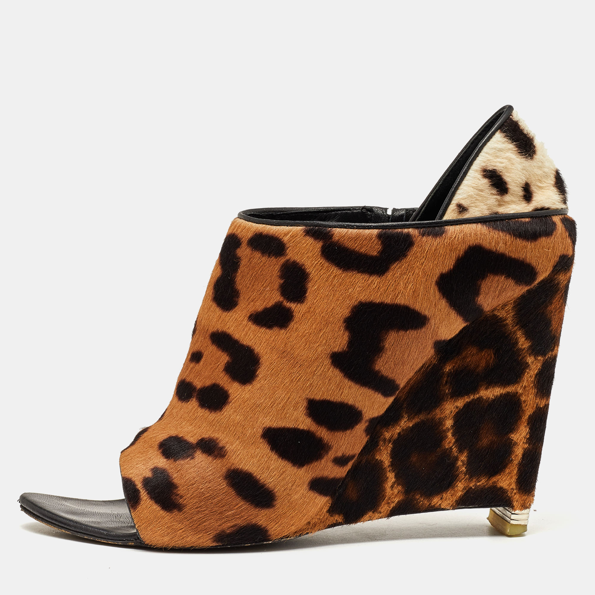 Pre-owned Alexander Wang Brown/off White Leopard Print Calf Hair Alla Wedge Booties Size 39