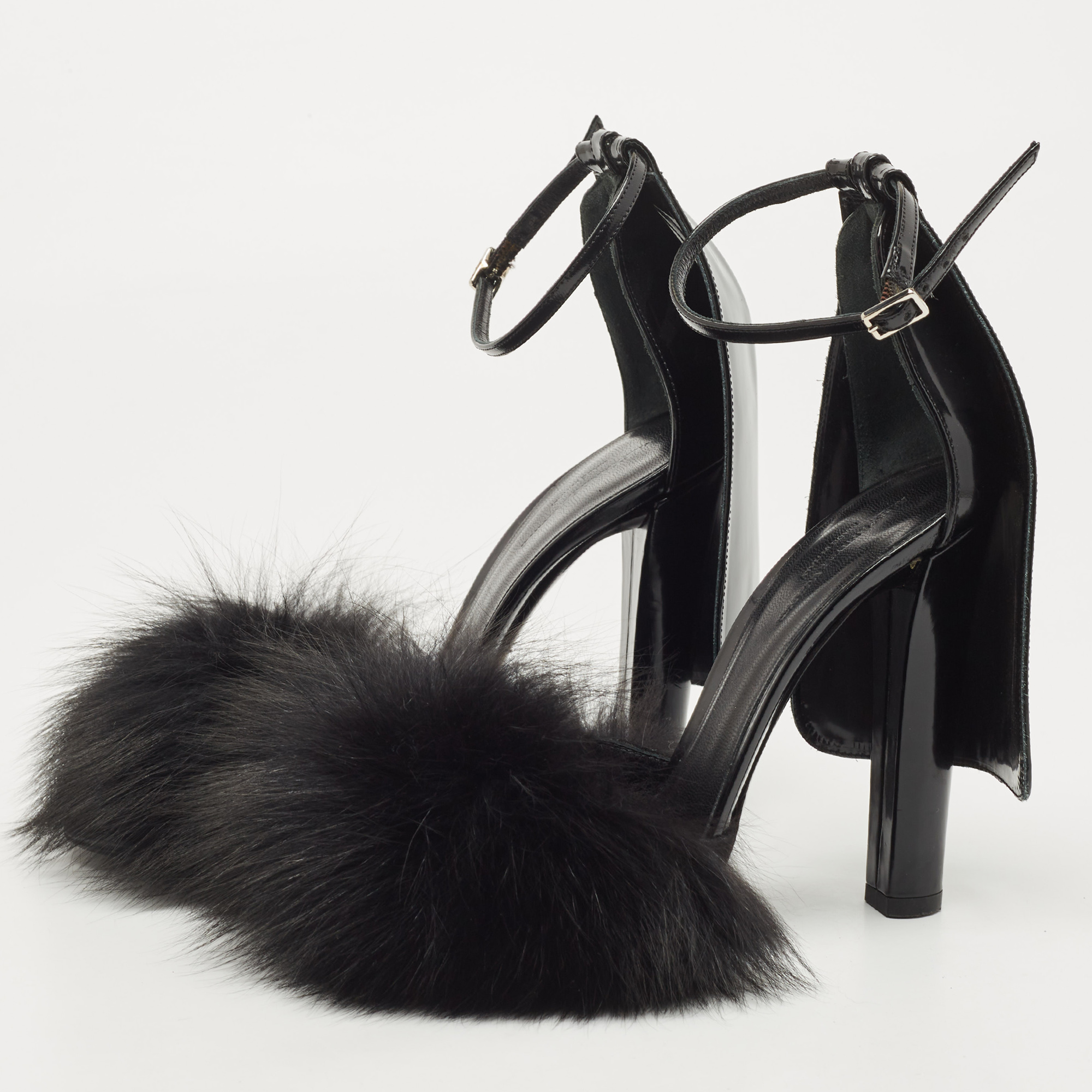 

Alexander Wang Black Fur And Patent Ankle Strap Sandals Size