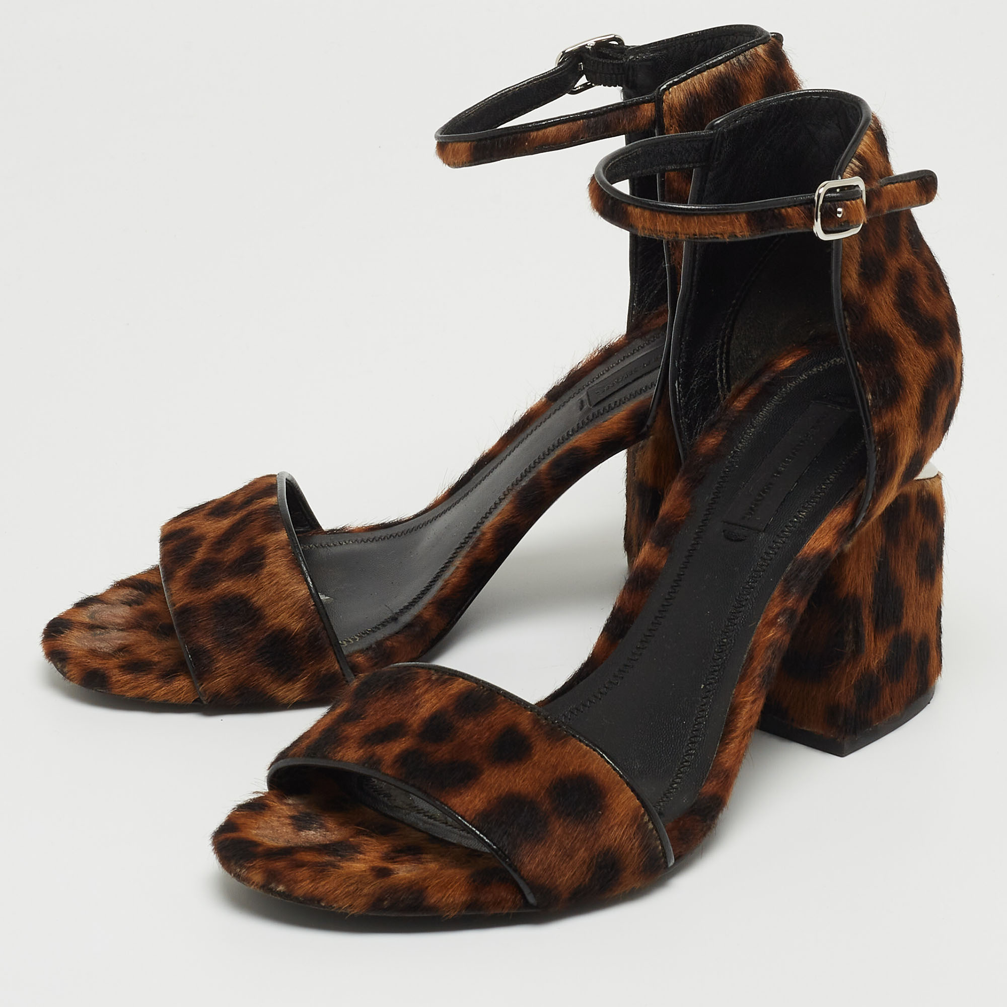 

Alexander Wang Brown Leopard Print Calf Hair Block Heel Ankle Strap Sandals Size