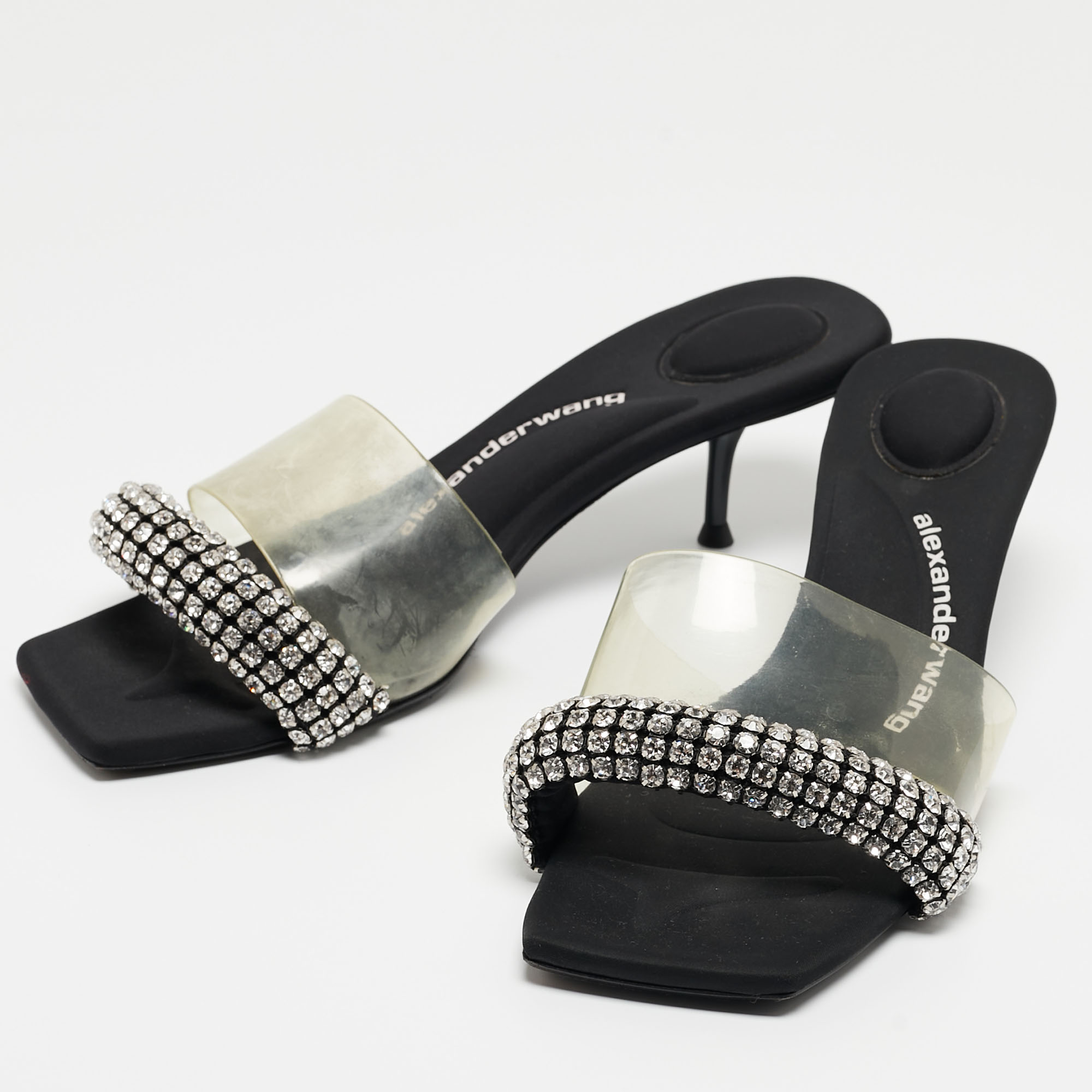 

Alexander Wang Black Crystal Embellished Fabric and PVC Jessie Slide Sandals Size