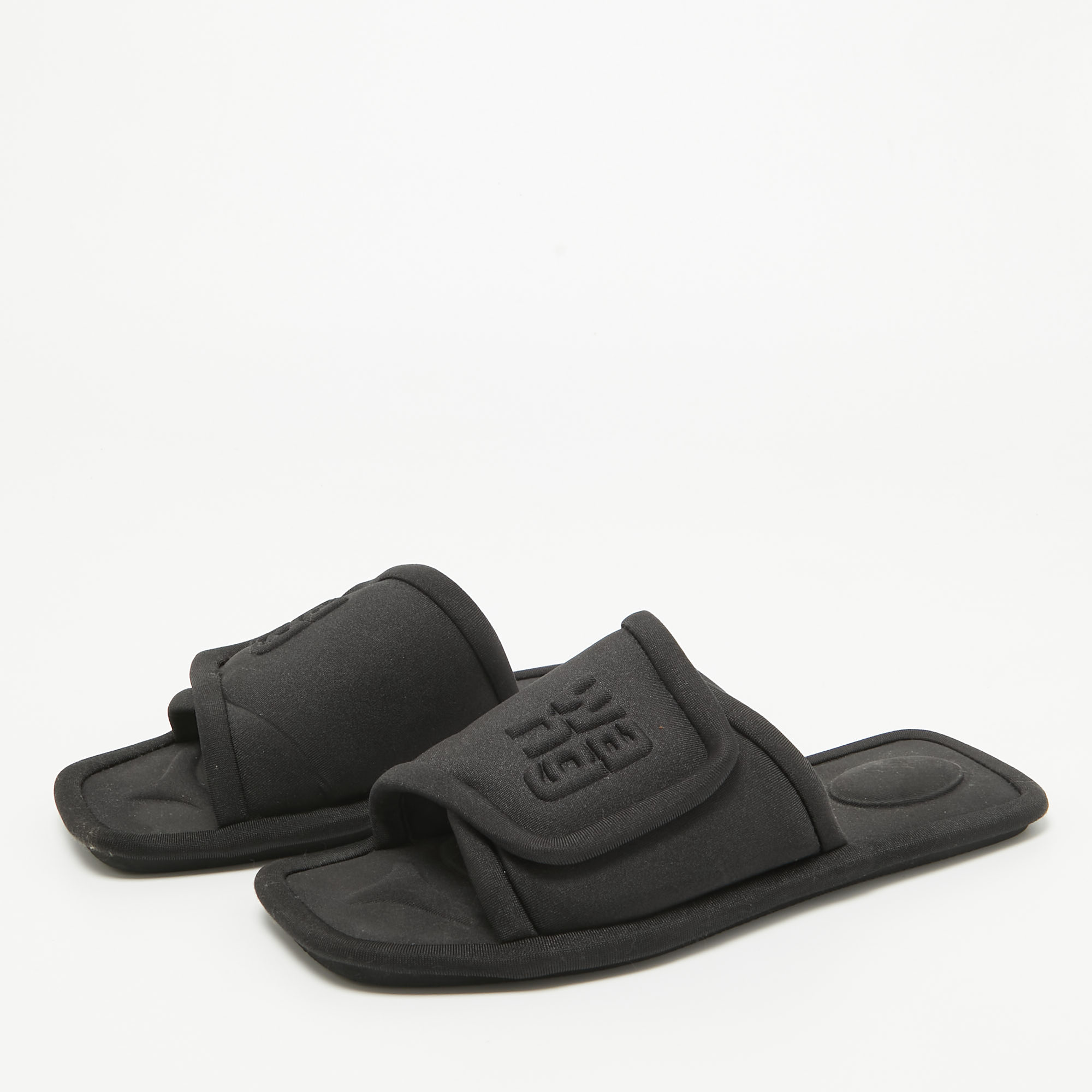 

Alexander Wang Black Padded Jersey Logo Embossed Flat Slides Size