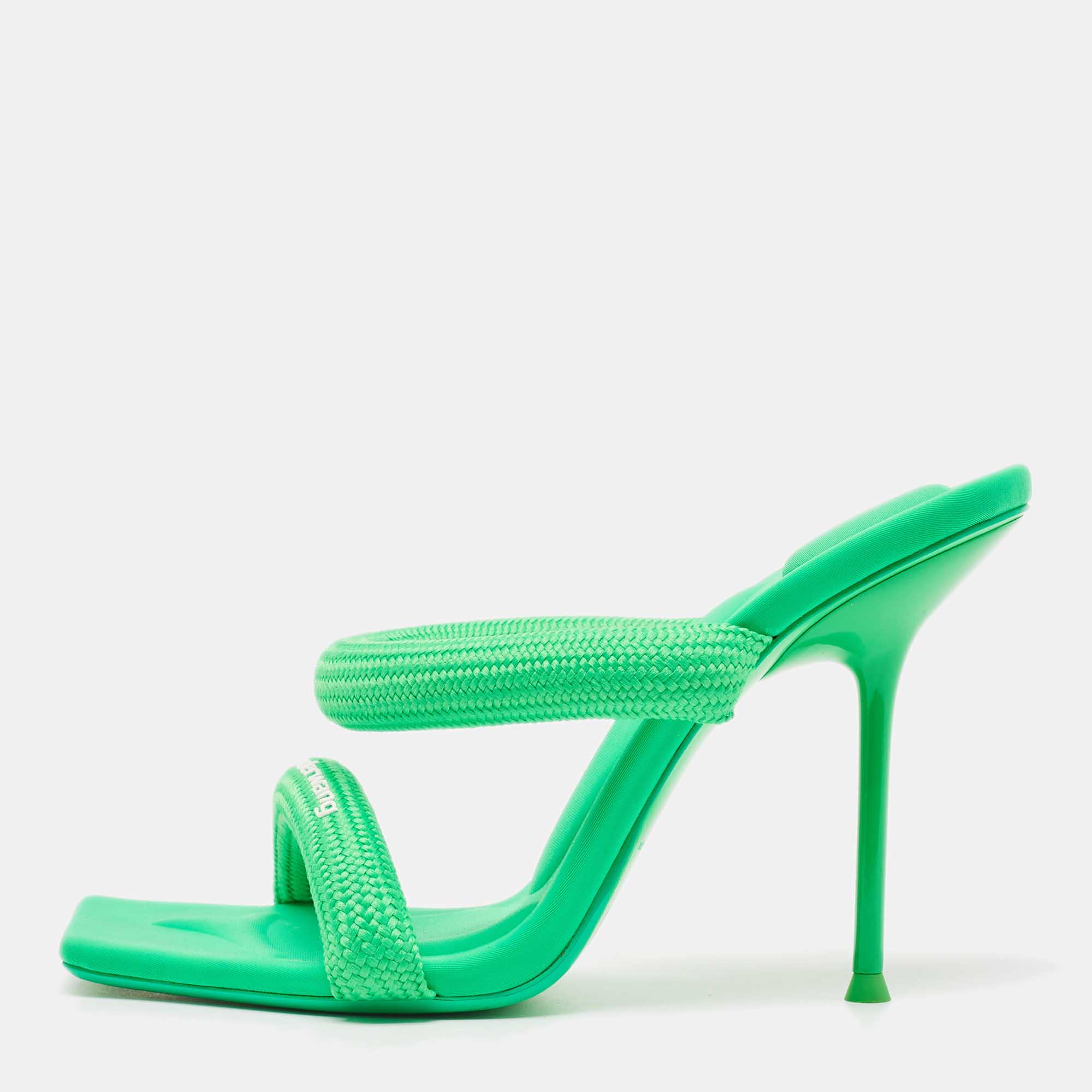Pre Owned Alexander Wang Neon Green Woven Nylon Julie Sandals Size 38