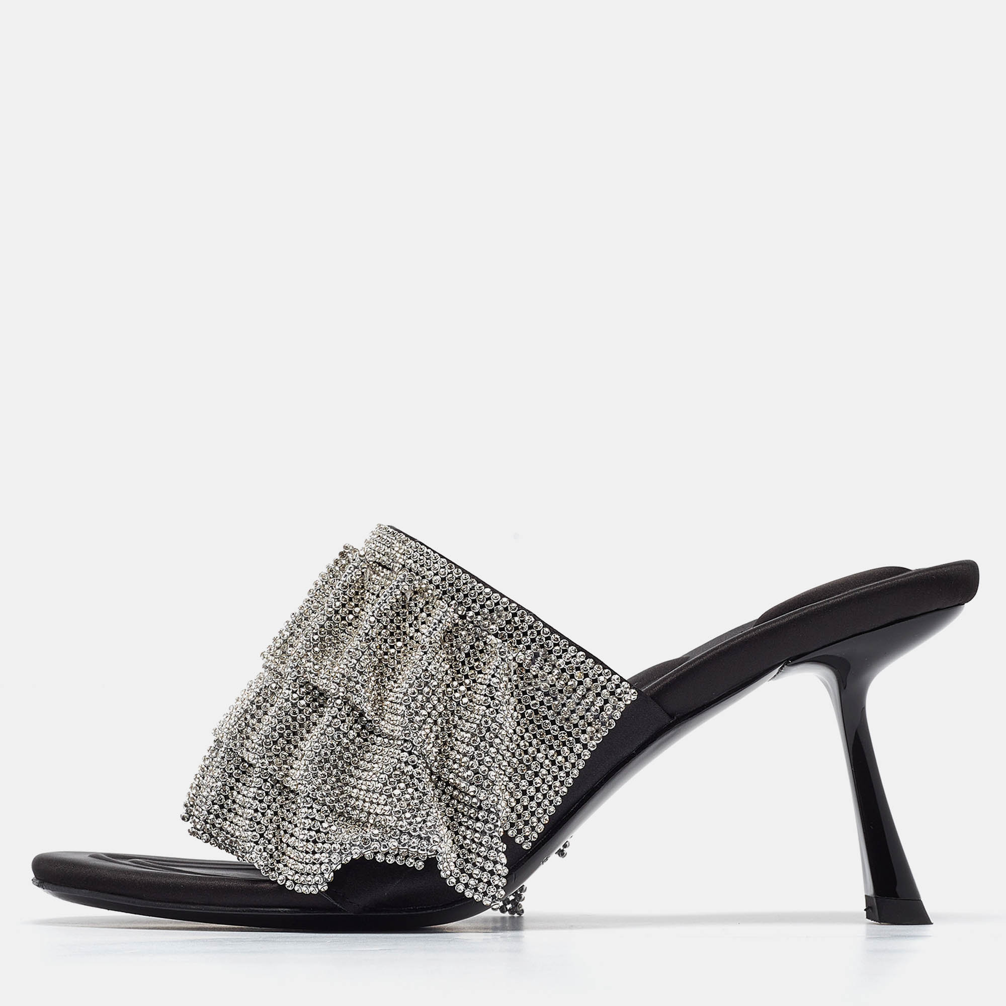 

Alexander Wang Silver/Black Crystal Embellishments Satin Open Toe Slide Sandals Size