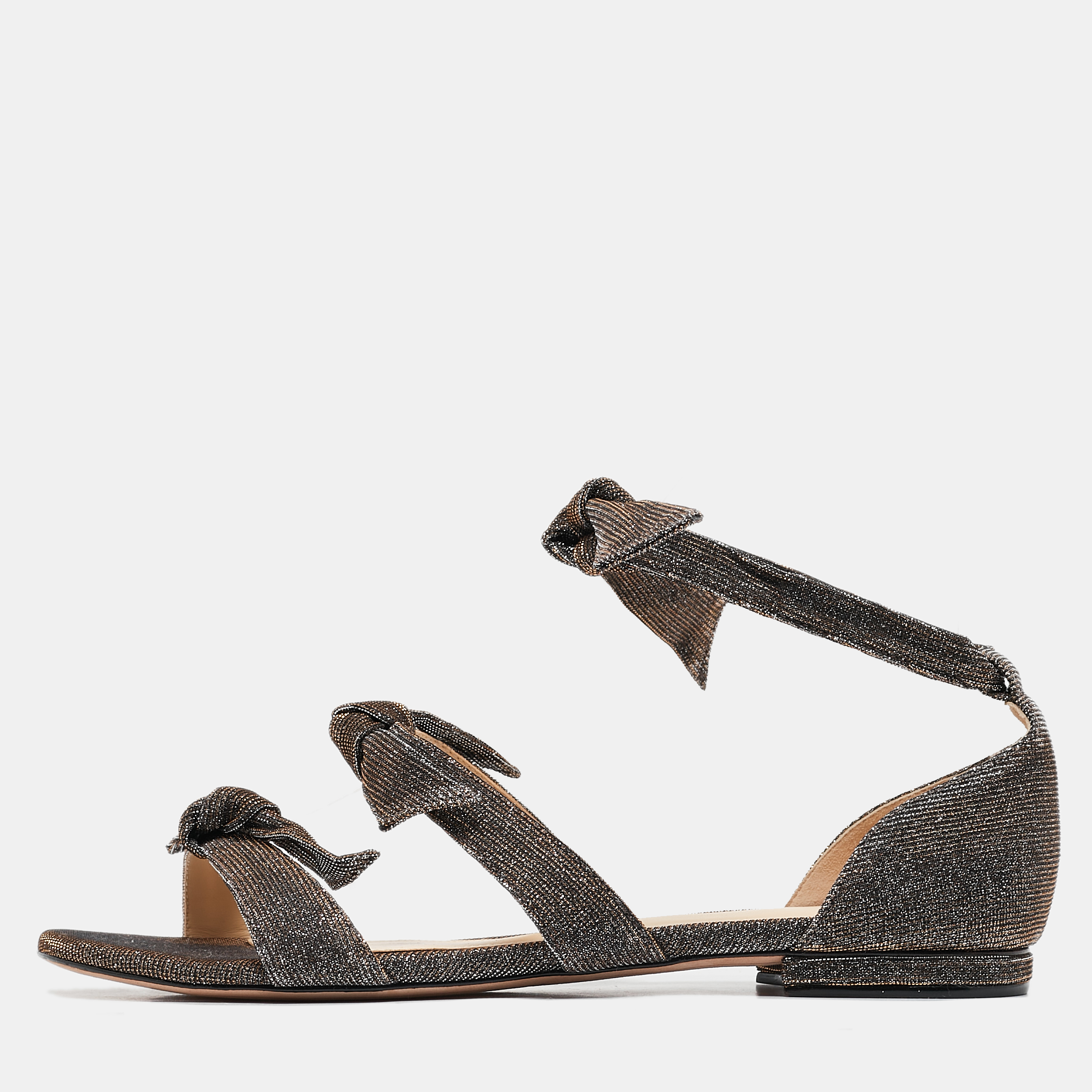 

Alexandre Birman Silver/Brown Glitter Ankle-Wrap Flat Sandals Size, Metallic